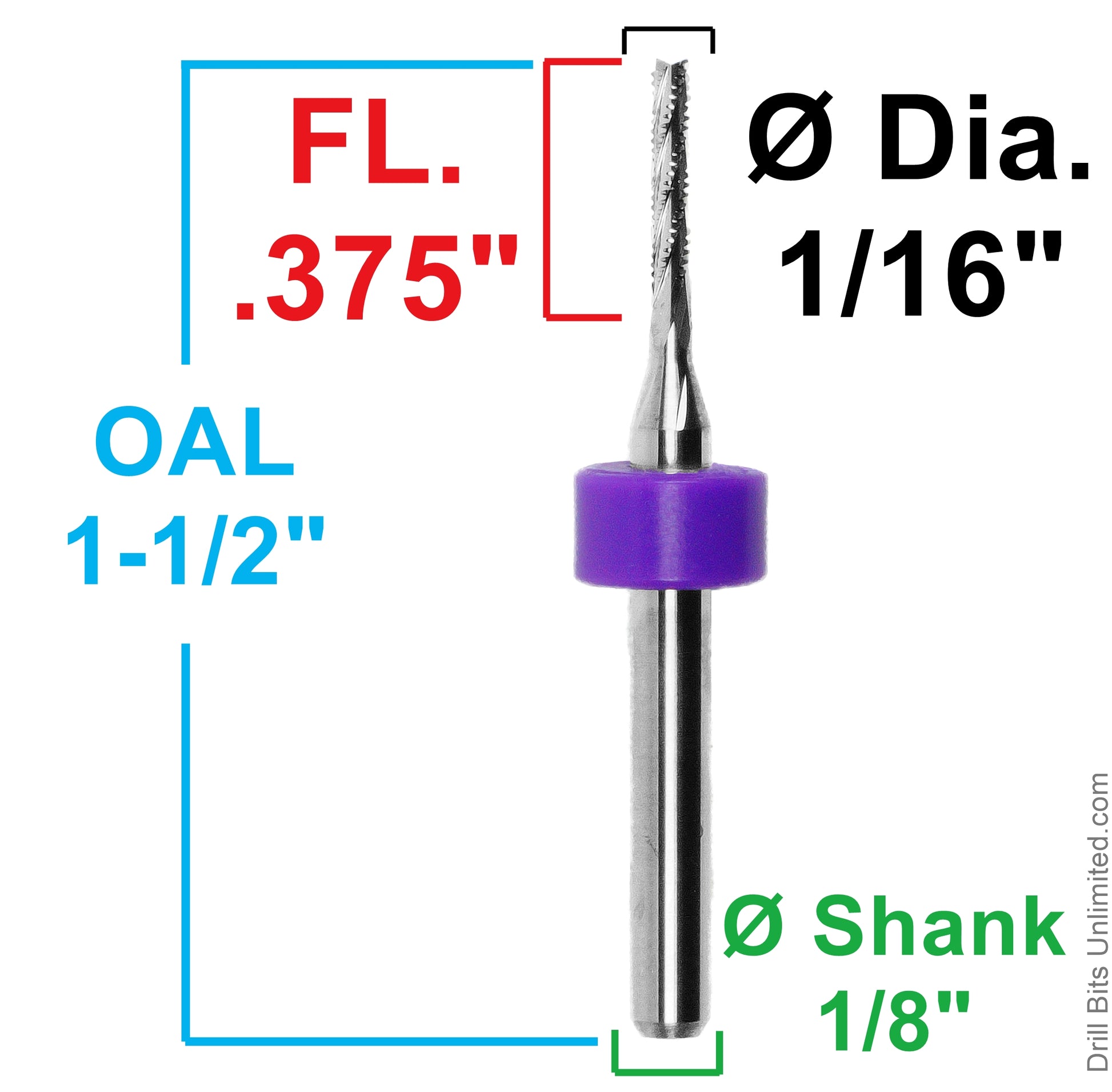 Dimension chart for 0.0625 inch 1/16 chip breaker carbide router with .375 LOC and 1/8 shank