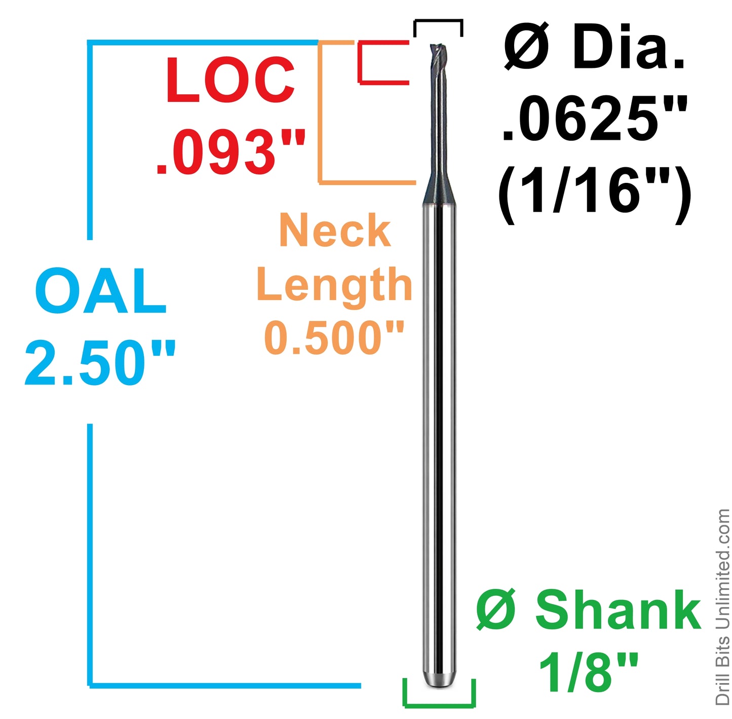 1/16 inch square end end mill dimensional diagram loc 0.093 oal 2.50 shank 1/8