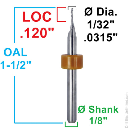 0.0315" (1/32") x .120" LOC 1-Flute Square End Carbide End Mill, 1/8" Shank | Lightly Used LUM-E