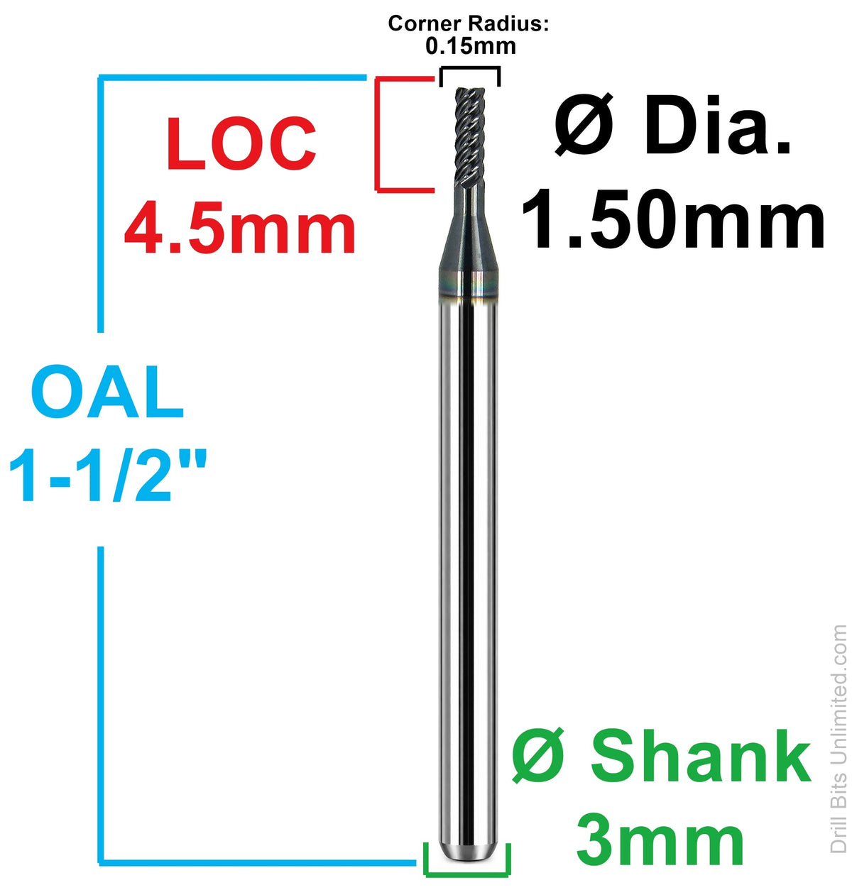 0.0591" (1.50mm) x .177" (4.50mm) LOC AlTiN Coated 5-Flute Corner Radius Carbide End Mill, 3mm Shank | K176
