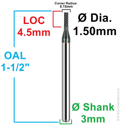 0.0591" (1.50mm) x .177" (4.50mm) LOC AlTiN Coated 5-Flute Corner Radius Carbide End Mill, 3mm Shank | K176