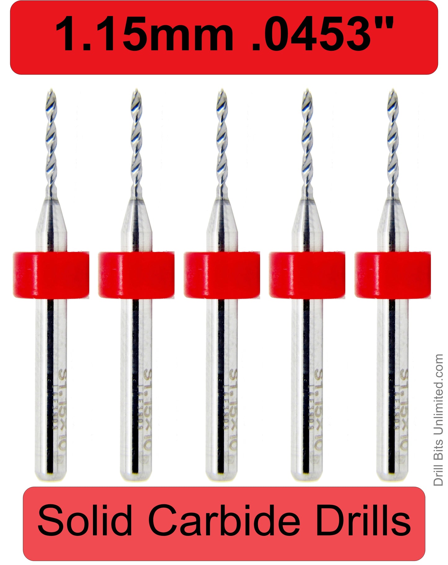 .045" 1.15mm- Drill Bits - FIVE Piece Set with 1/8" Shanks Solid Carbide