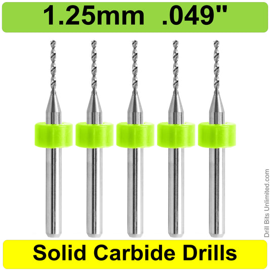 .049"  1.25mm- Drill Bits - FIVE Piece Set with 1/8" Shanks Solid Carbide