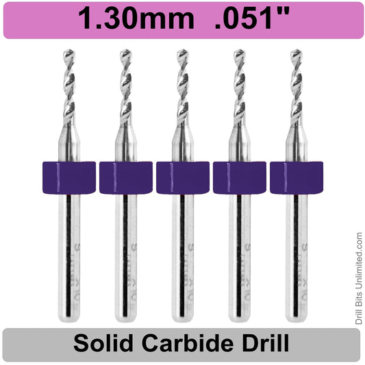 .051"  1.30mm - Drill Bits - FIVE Piece Set with 1/8" Shanks Solid Carbide 1.3mm