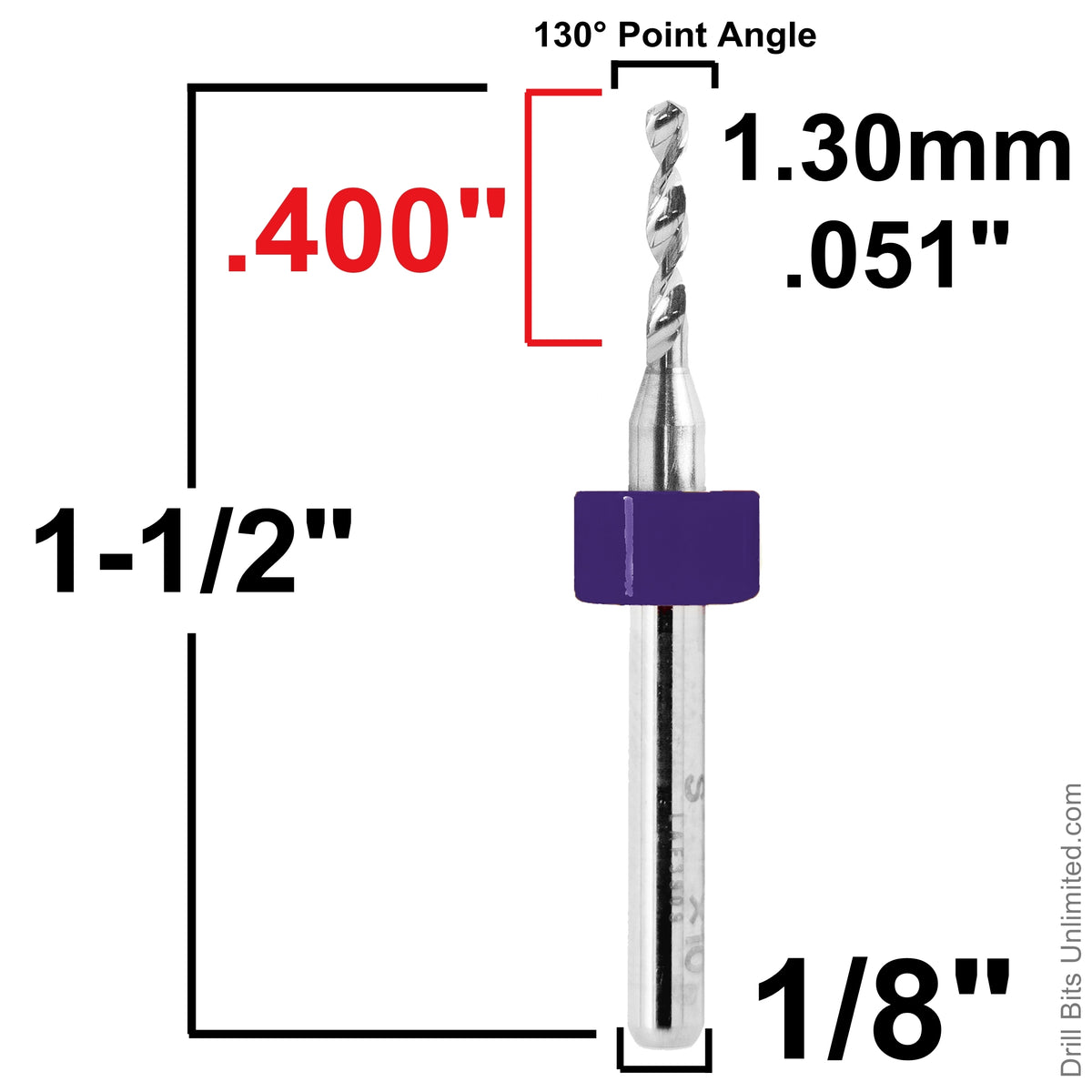 1.30mm (.0512") x .400" FL Carbide PCB Drill – 20mm LPKF Ring – 1 or 5 Pack