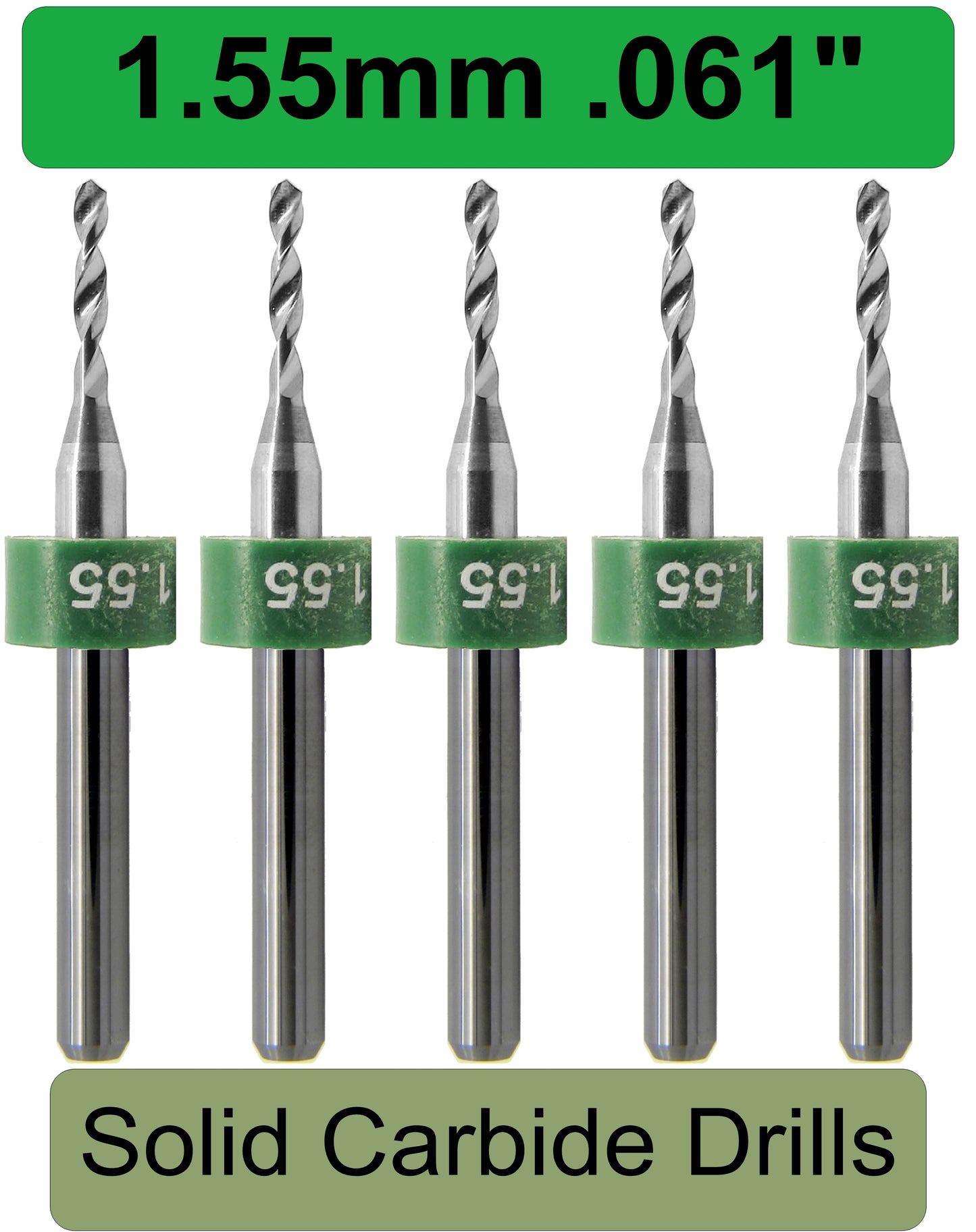 .061" 1.55mm - Drill Bits - FIVE Piece Set with 1/8" Shanks Solid Carbide