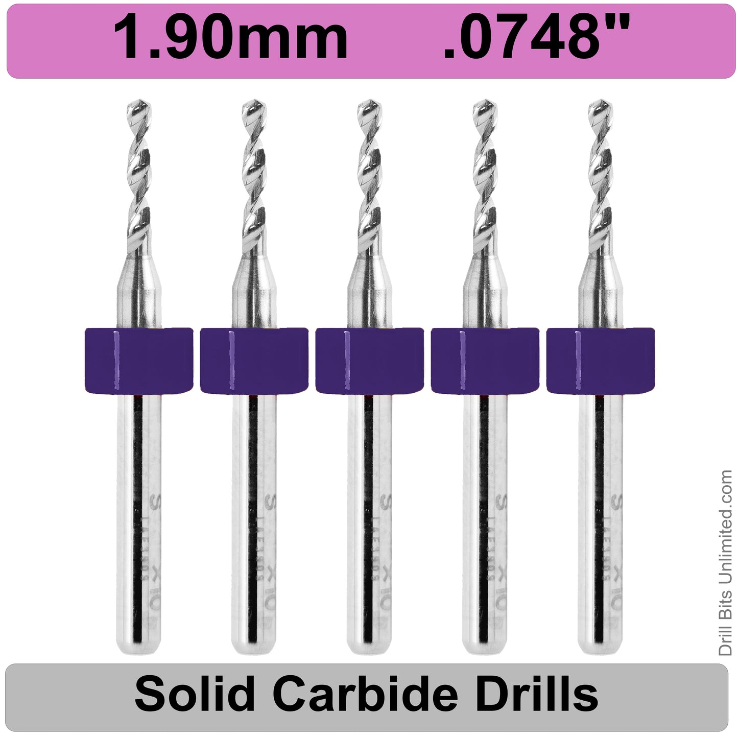 .0748" 1.90mm - Drill Bits - FIVE Piece Set with 1/8" Shanks Solid Carbide 1.9mm