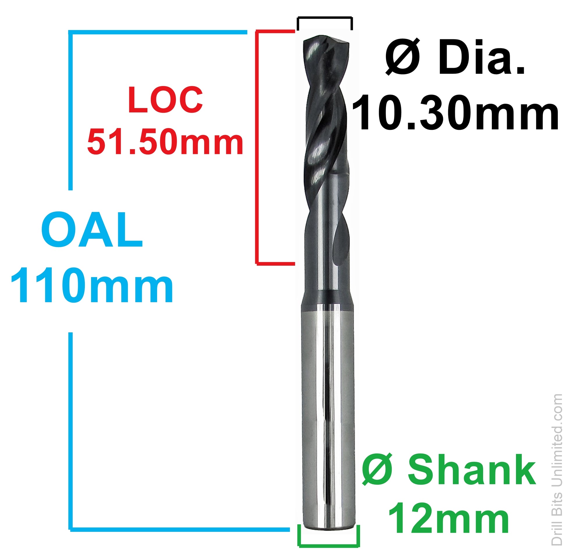 10.30mm carbide drill dimensions flute length 51.50mm overall length 110mm shank 12mm