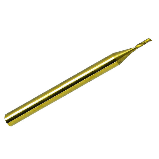 1.00mm (.0394 inch) titanium nitride coated O-flute carbide end mill with 1/8 inch shank and 1.50 inch overall length