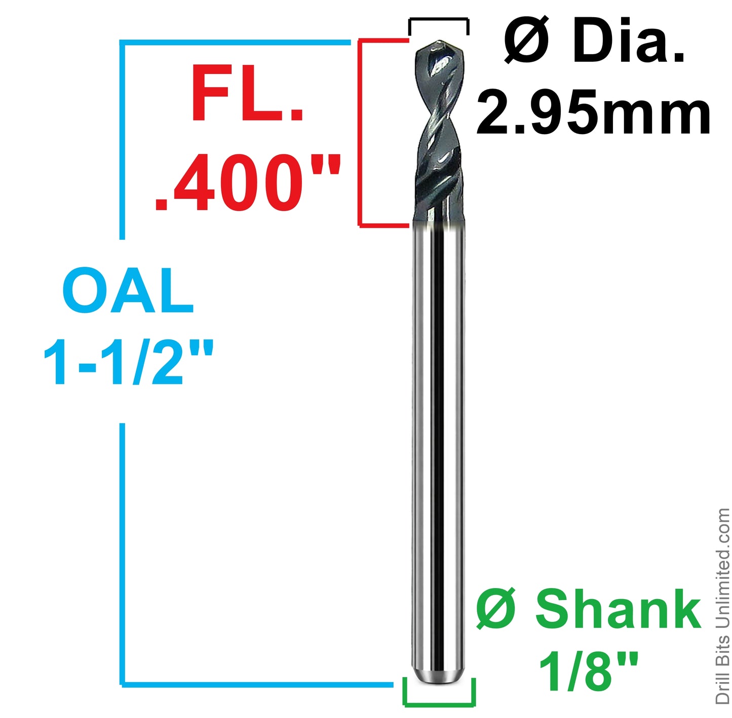 Kyocera 2.95mm micro drill dimensional drawing showing 0.400 inch flute length 1.5 inch overall length and 1/8 inch shank
