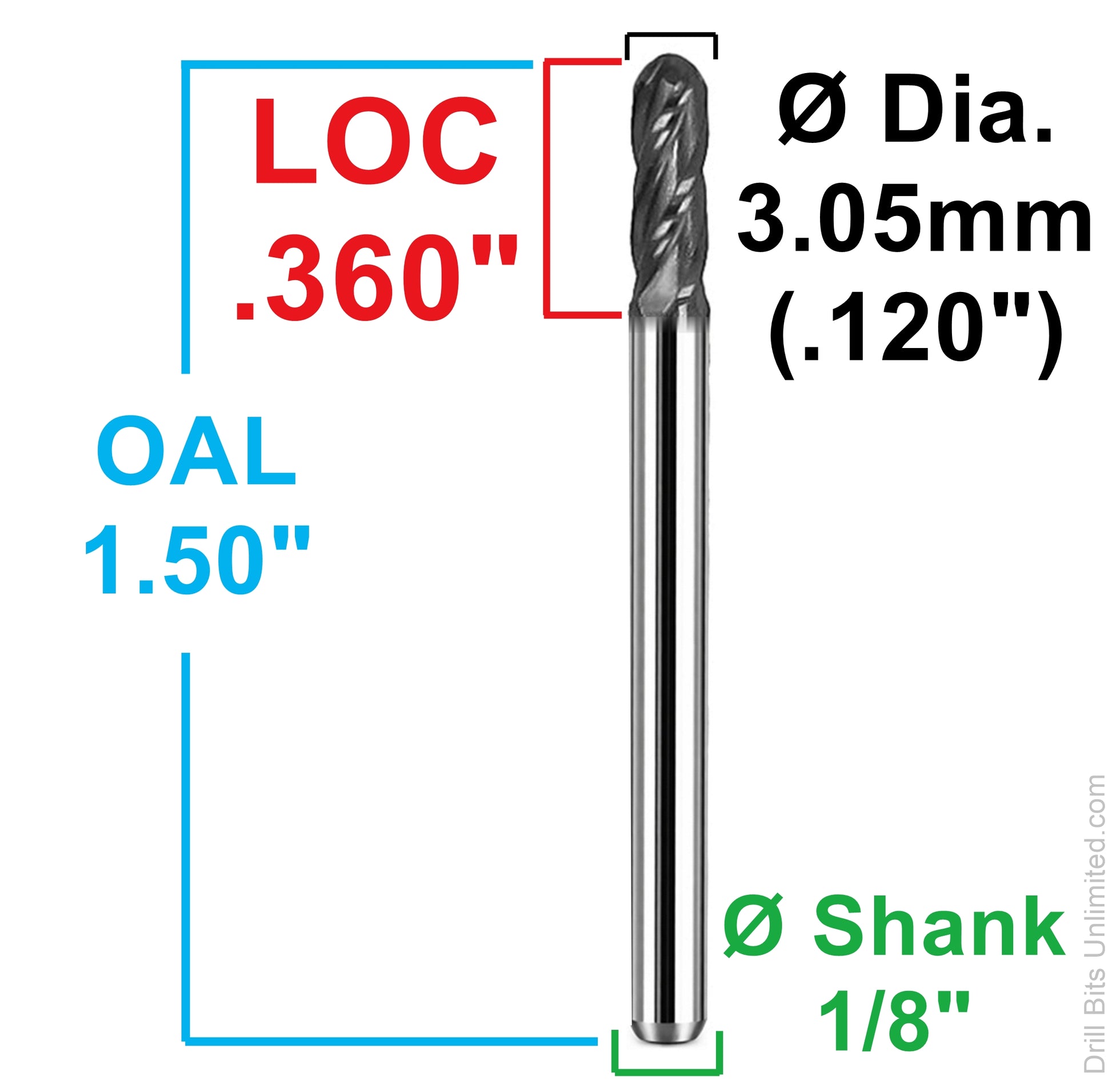 3.05mm 0.120 inch ball nose end mill dimensional diagram loc 0.360 oal 1.50