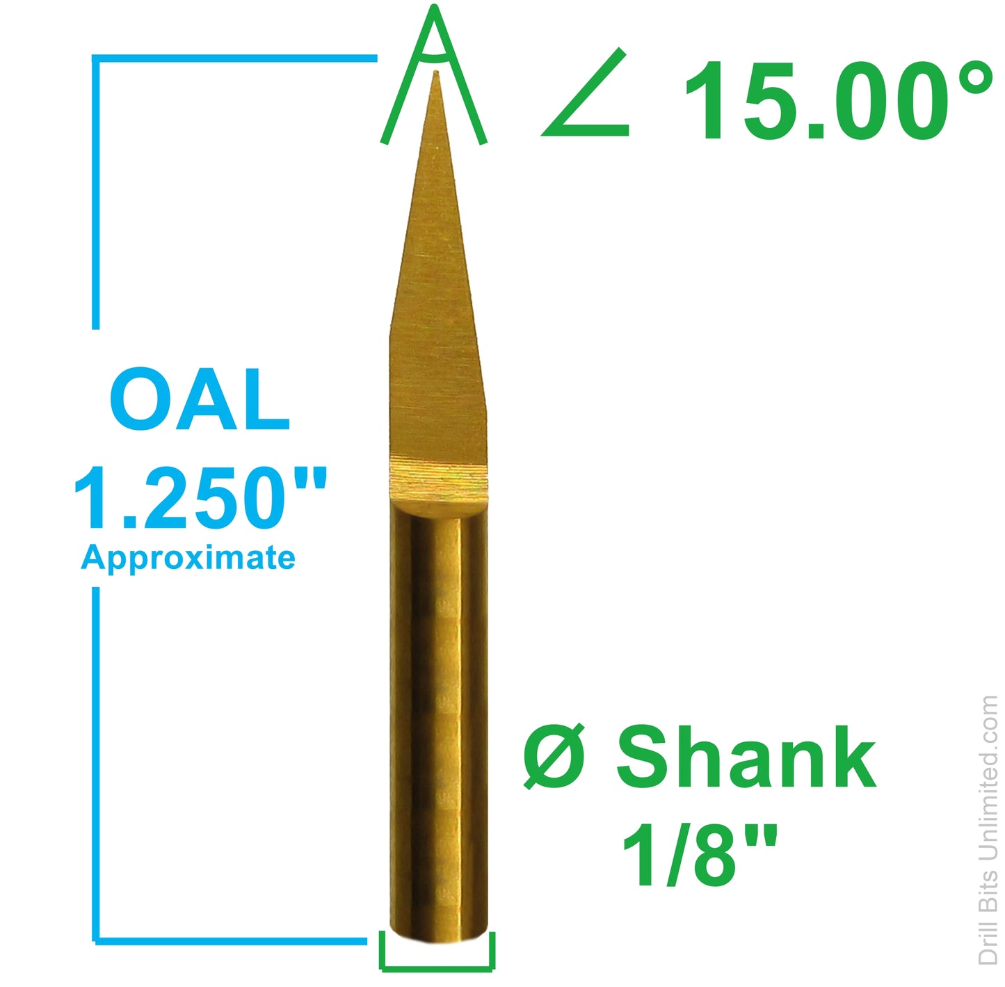 15 degree titanium-coated V-engraver dimensions showing 1.25 inch overall length and 1/8 inch shank