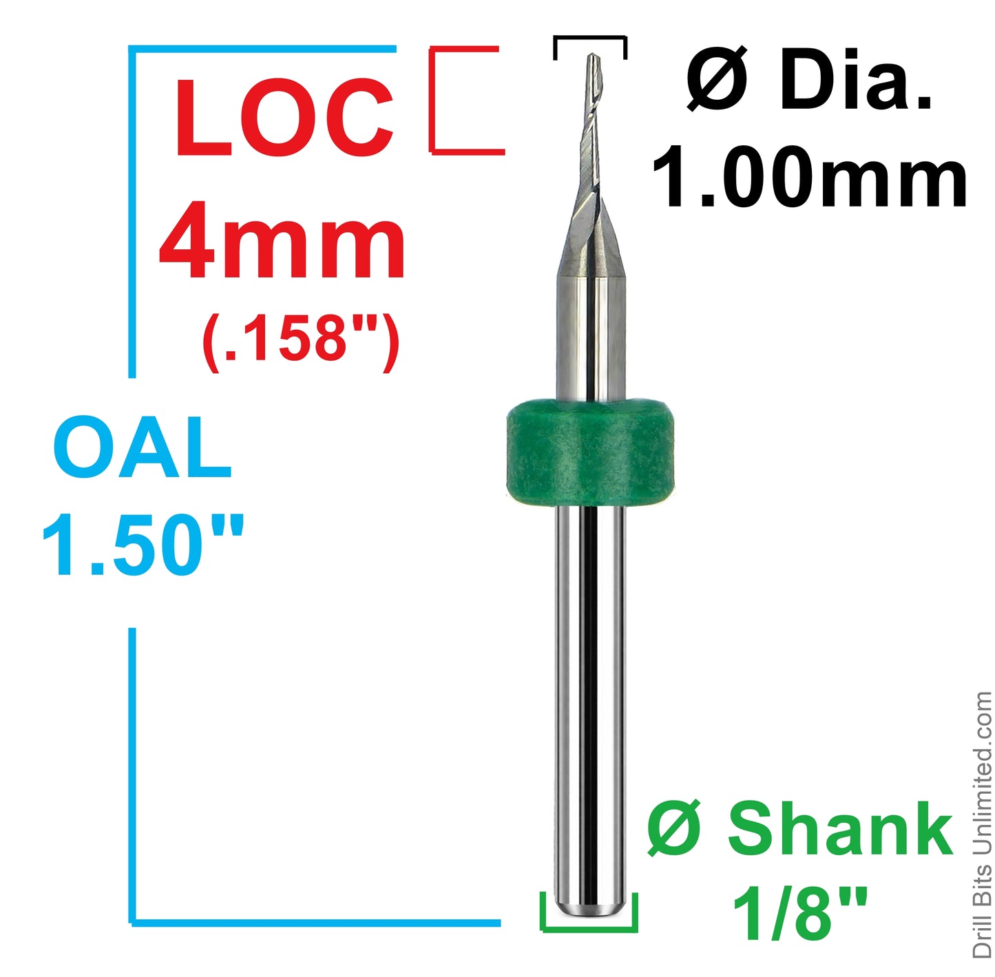 Dimensional drawing of Kyocera 1.00mm single-flute carbide end mill showing 4mm (.158 inch) flute length, 1.50 inch OAL, and 1/8 inch shank