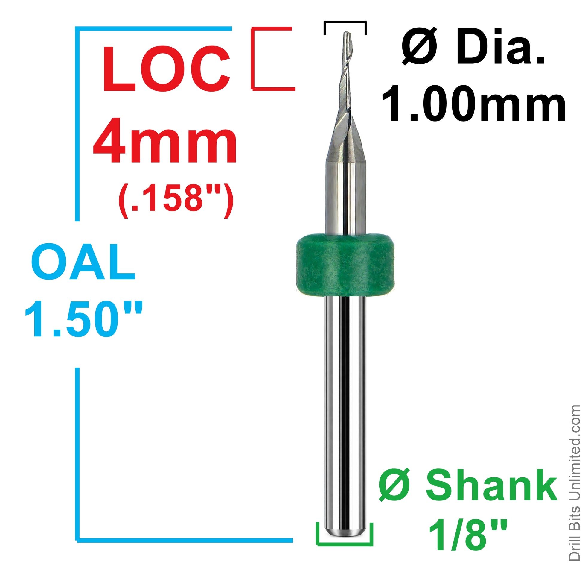 Dimensional drawing of Kyocera 1.00mm single-flute carbide end mill showing 4mm (.158 inch) flute length, 1.50 inch OAL, and 1/8 inch shank