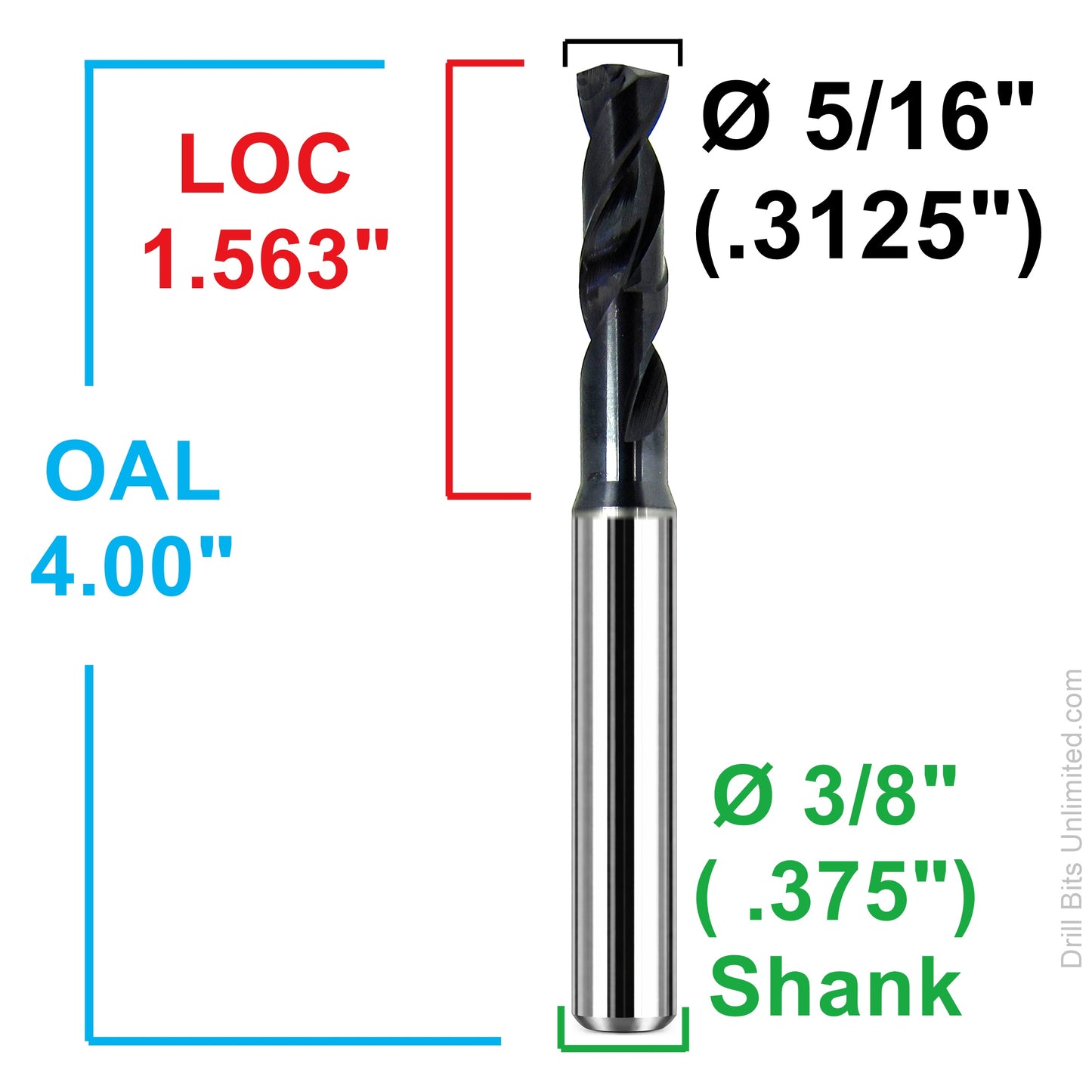 dimension diagram showing 5/16 inch diameter, 1.563 inch flute length, 4 inch overall length and 3/8 inch shank Kyocera ORION drill 160-3125AG1563
