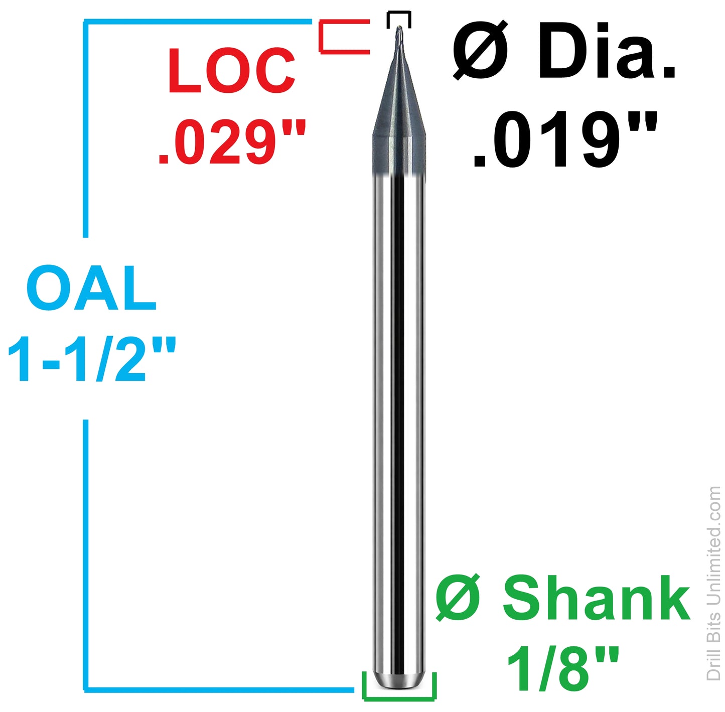 dimension diagram showing 0.019 inch diameter, 0.029 inch LOC, 1.5 inch OAL and 1/8 inch shank Kyocera USA square end mill 1620-0190L029