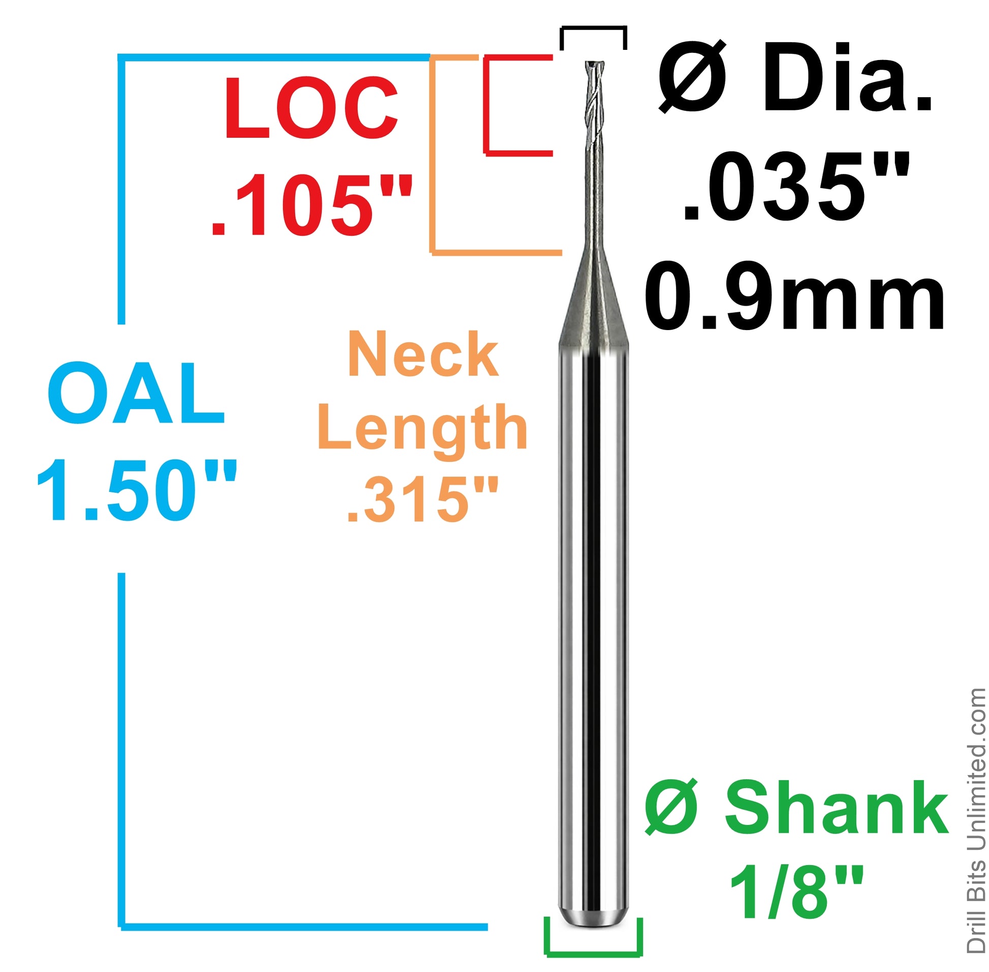 Kyocera 0.0350 inch square end mill dimensional diagram showing 0.105 inch LOC 0.315 inch neck length and 1/8 inch shank