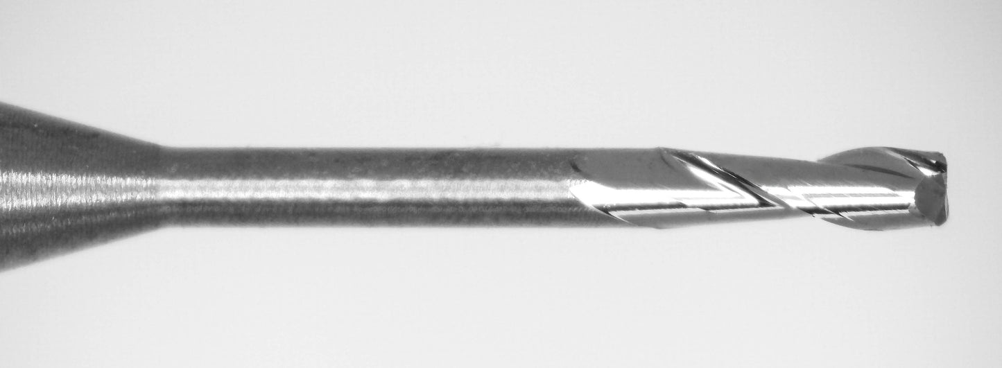 Close-up of Kyocera 0.0350 inch 2 flute square end mill tip with extended reach neck
