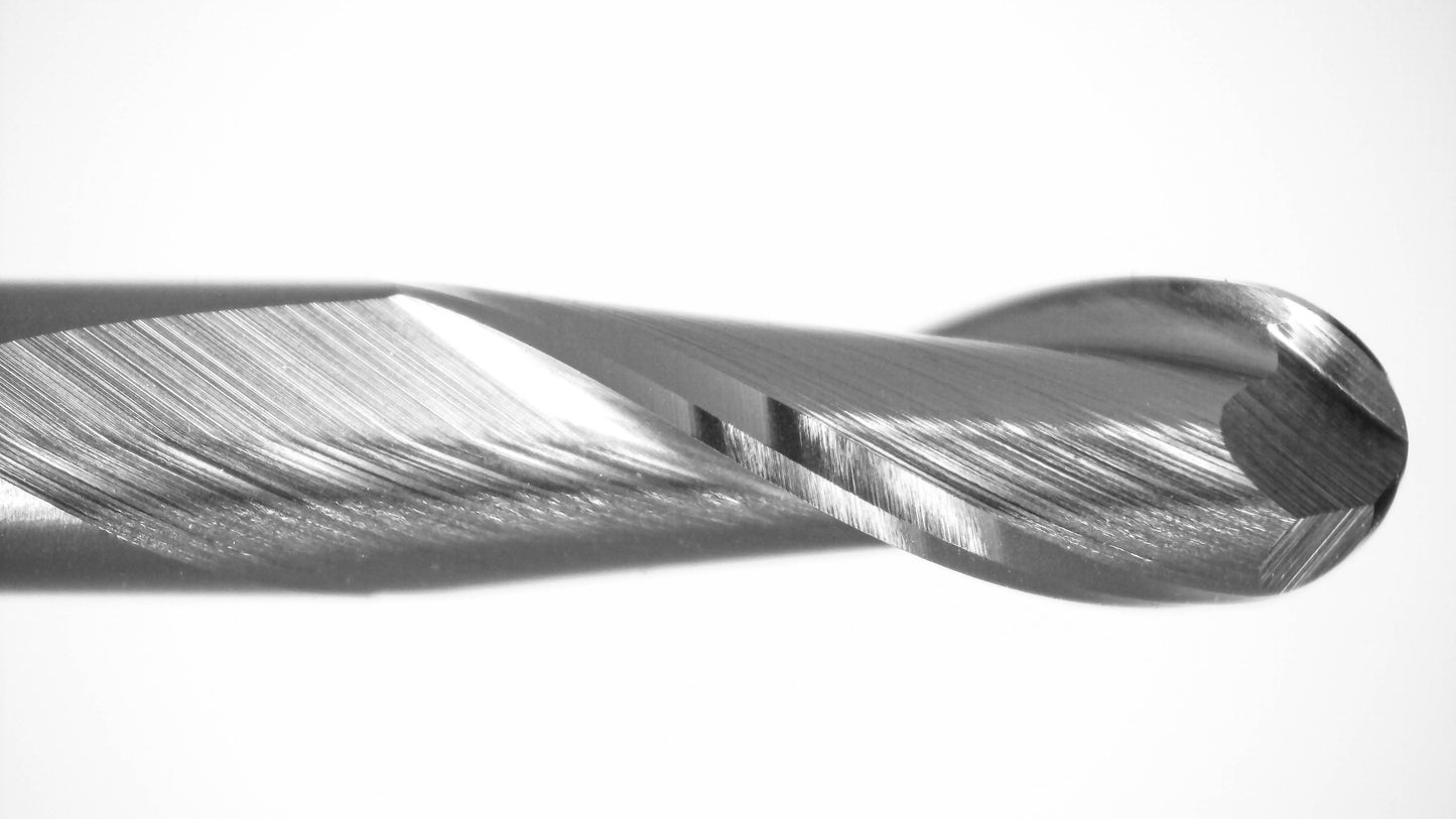 Kyocera 3/32 inch 2-flute ball nose carbide end mill 1645-0938L590 cutting tip close-up