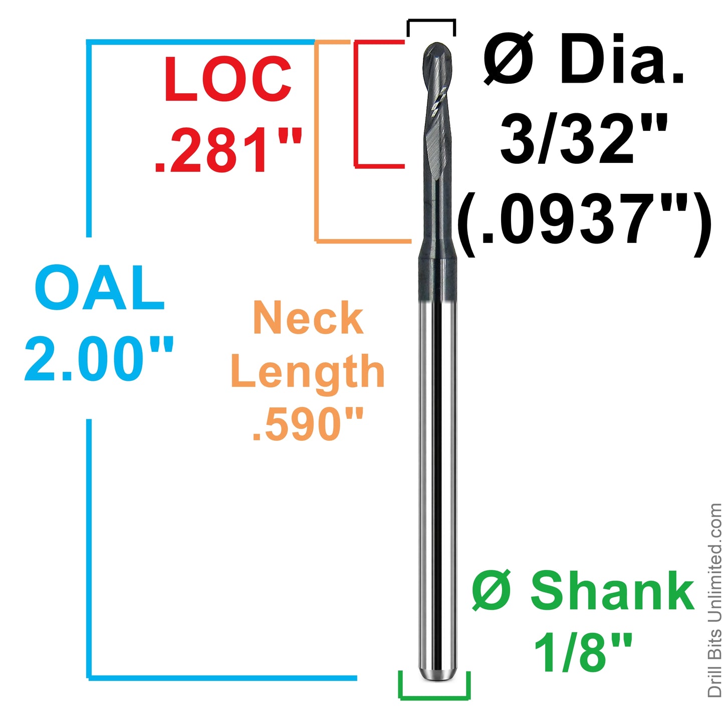 Kyocera 3/32 inch 2-flute ball nose carbide end mill 1645-0938L590 dimension diagram