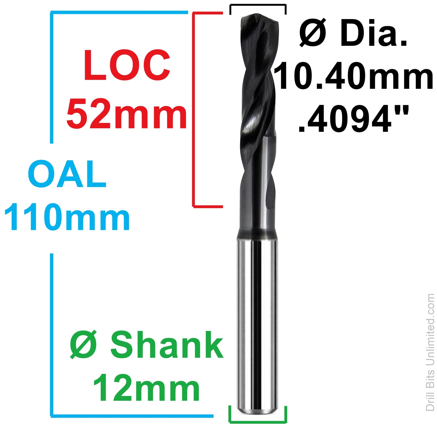 Kyocera ORION 10.40mm drill dimensional diagram showing 52mm flute length 110mm overall length and 12mm shank
