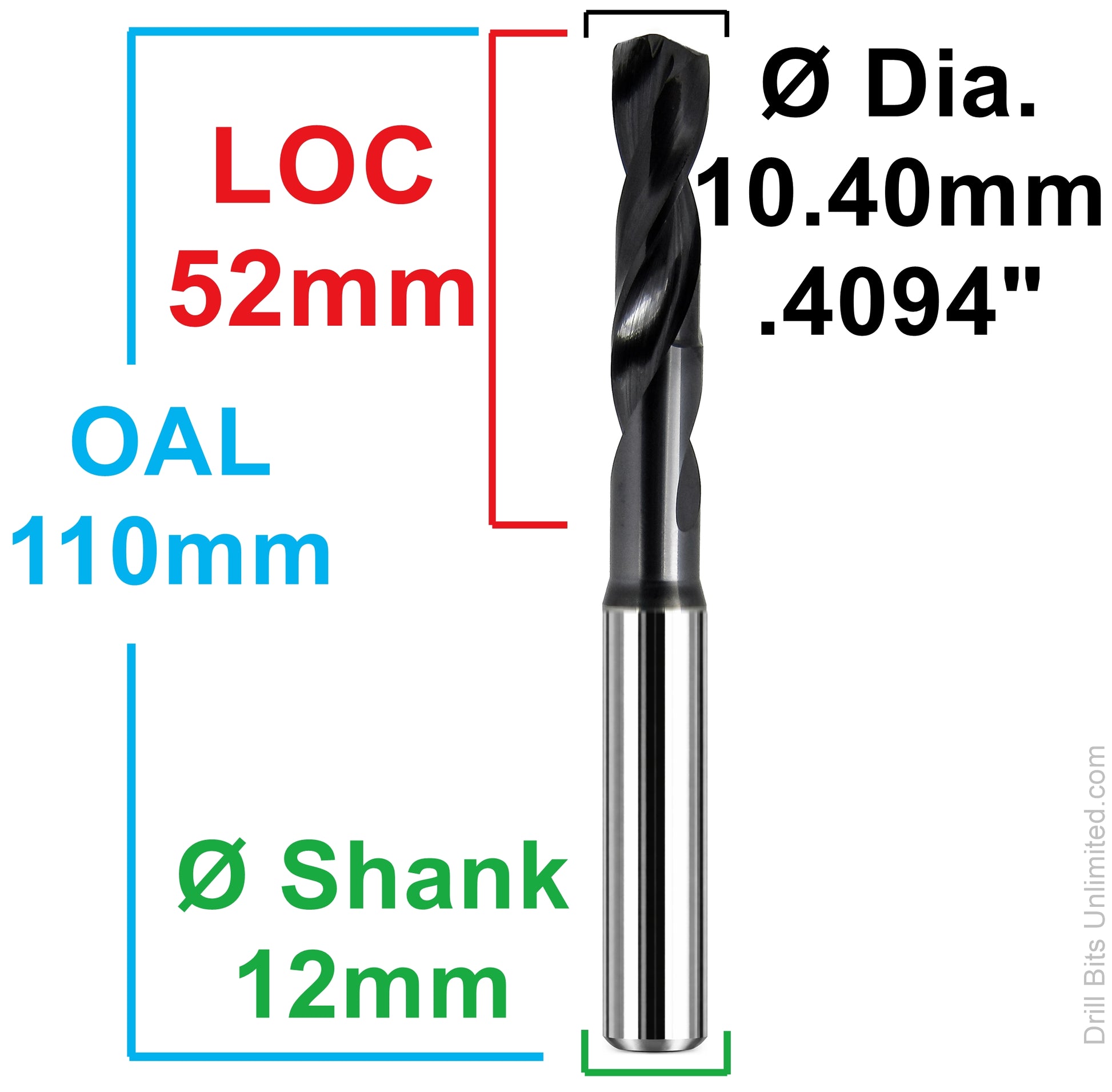 Kyocera ORION 10.40mm drill dimensional diagram showing 52mm flute length 110mm overall length and 12mm shank