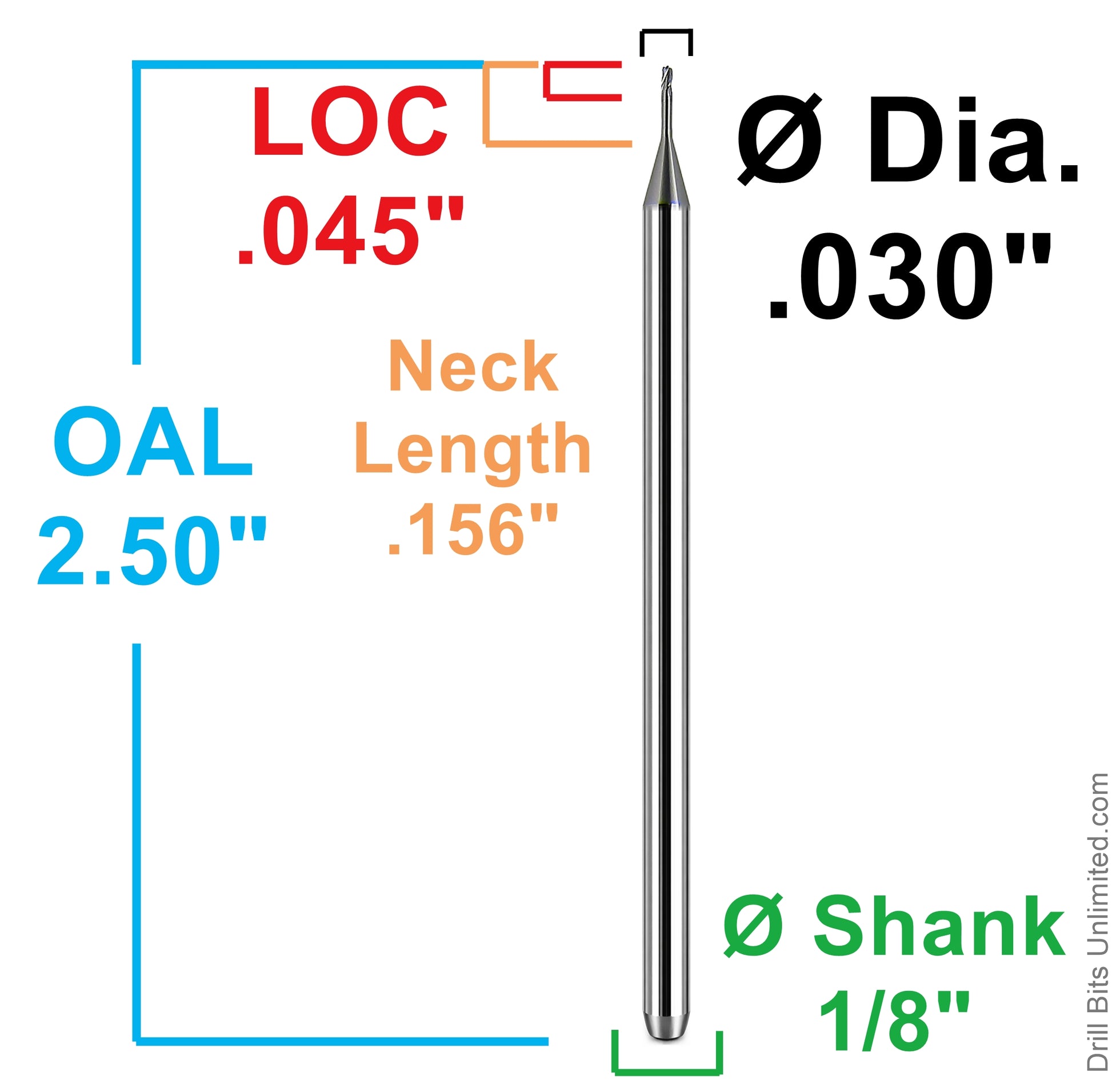Kyocera 0.0300 inch square end mill dimensional diagram showing 0.045 inch LOC 0.156 inch neck length and 1/8 inch shank