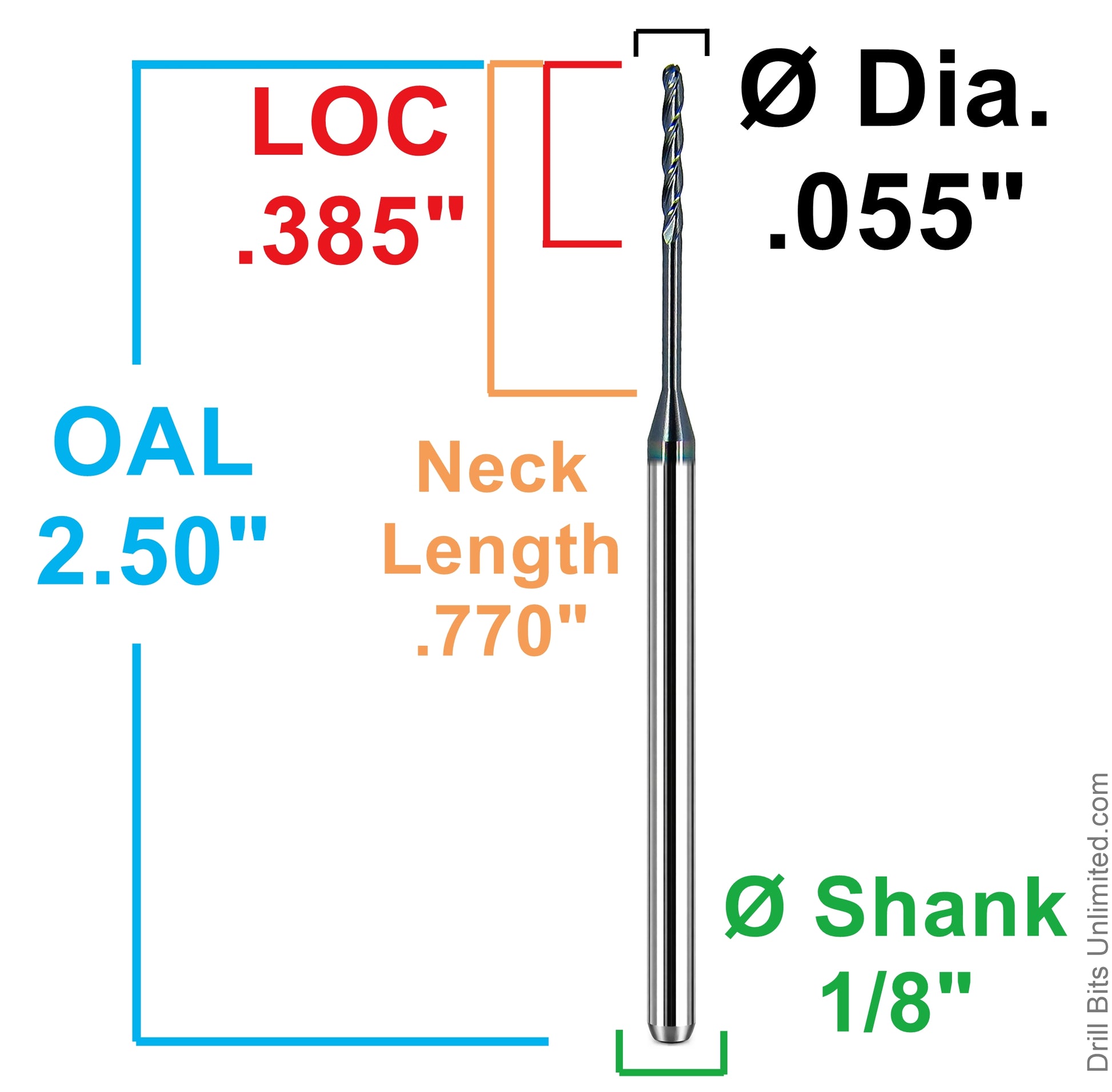 Kyocera 0.055 inch ball nose end mill dimensional drawing showing LOC 0.385 inch neck length 0.770 inch and 1/8 inch shank