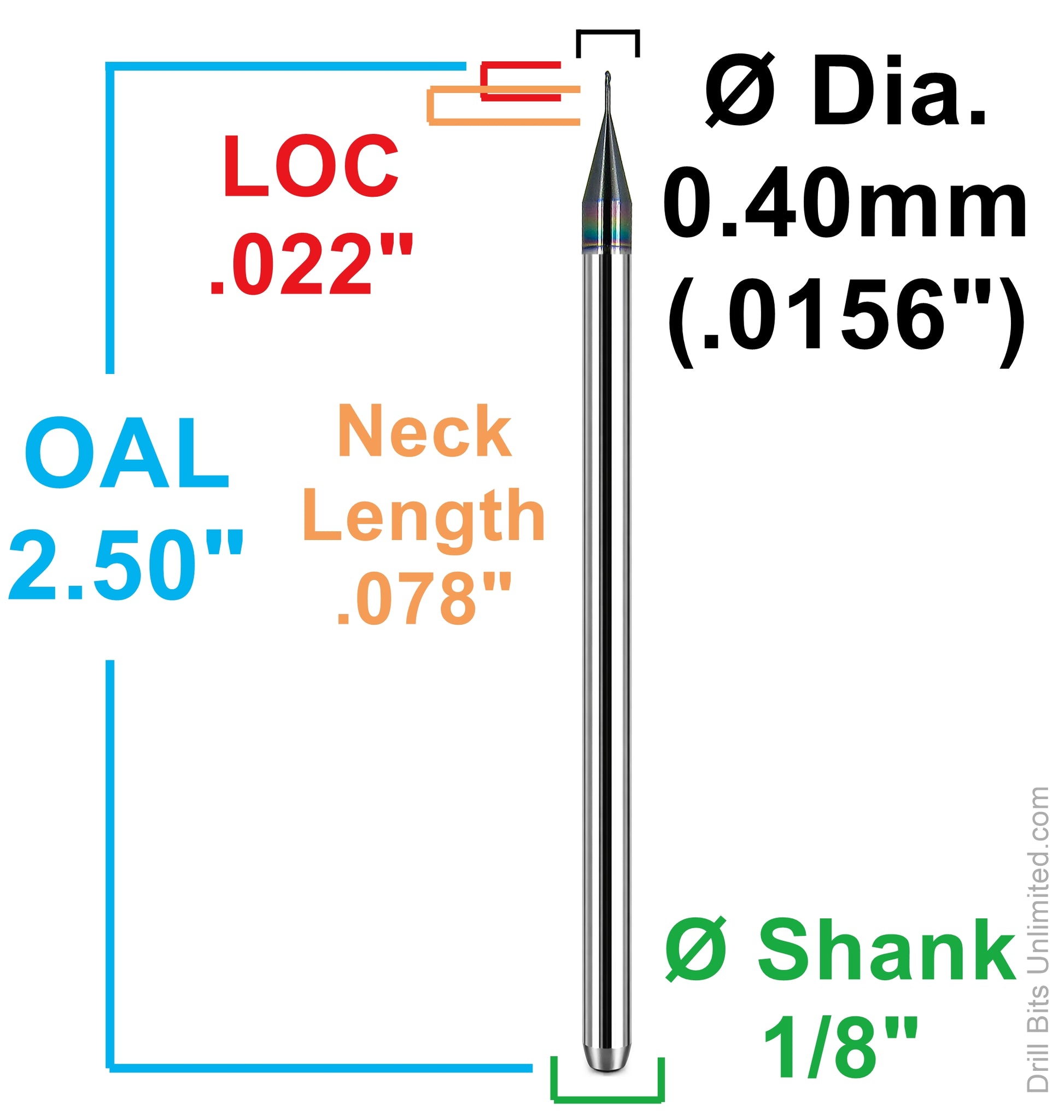 Kyocera 0.40mm ball nose carbide end mill dimensions 1755-0156L078