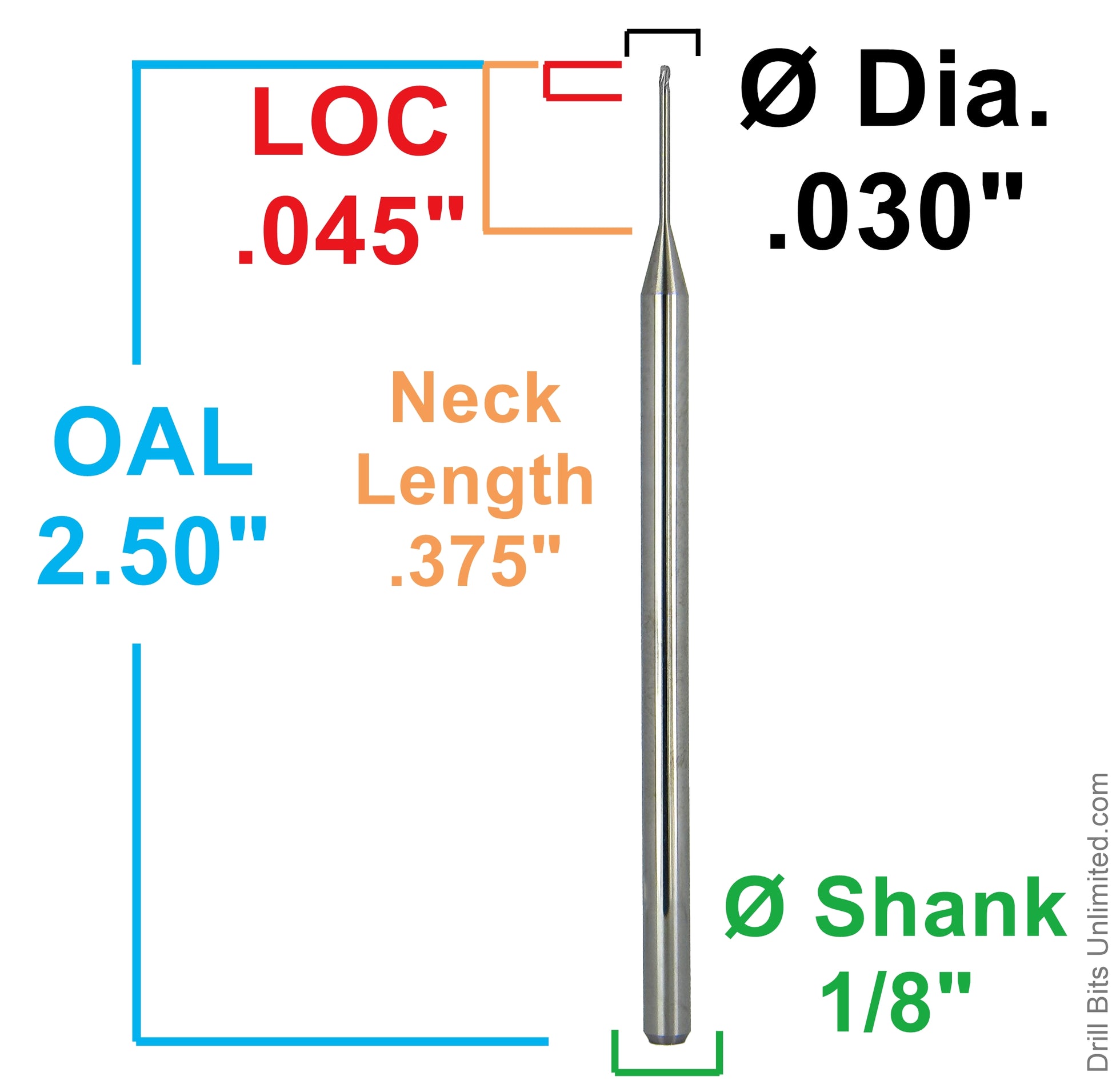 dimension diagram showing 0.030 inch diameter, 0.045 inch LOC, 0.375 inch neck length, 2.50 inch OAL and 1/8 inch shank Kyocera ball nose end mill 1755-0300.375