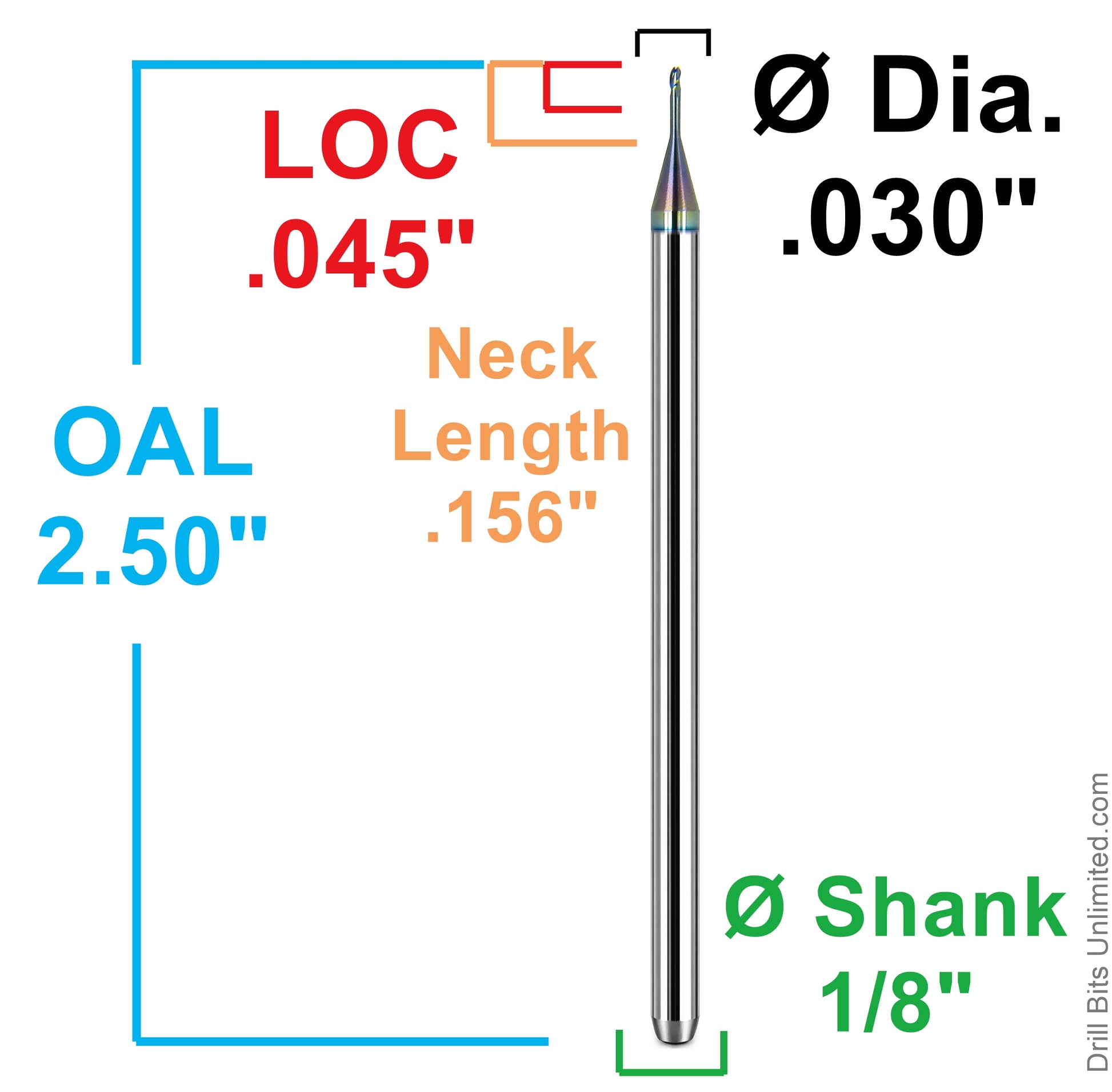Kyocera 0.030 inch ball nose end mill dimensional drawing showing 0.045 inch LOC 0.156 inch neck length and 1/8 inch shank