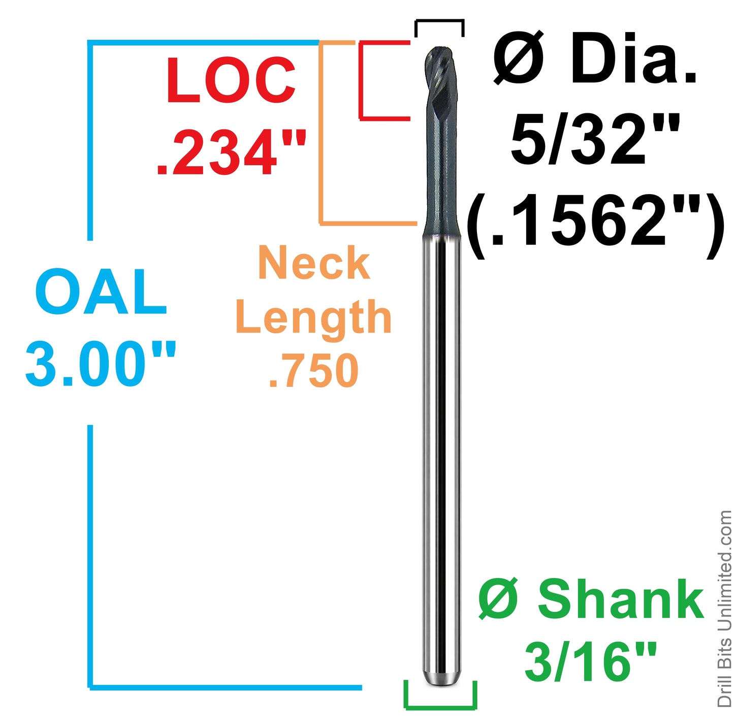 dimension diagram showing 5/32 inch diameter, 0.234 inch LOC, 0.750 inch neck length, 3 inch OAL and 3/16 shank Kyocera ball nose end mill 1755-1562L750