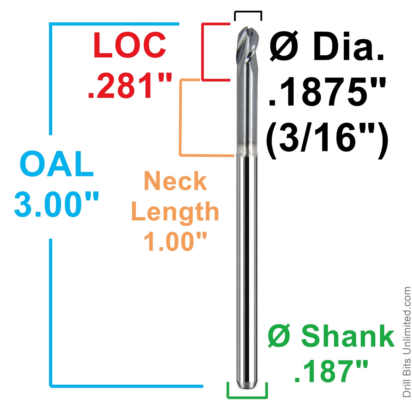 Kyocera 3/16 ball nose carbide end mill dimensions 1755-1875L1000