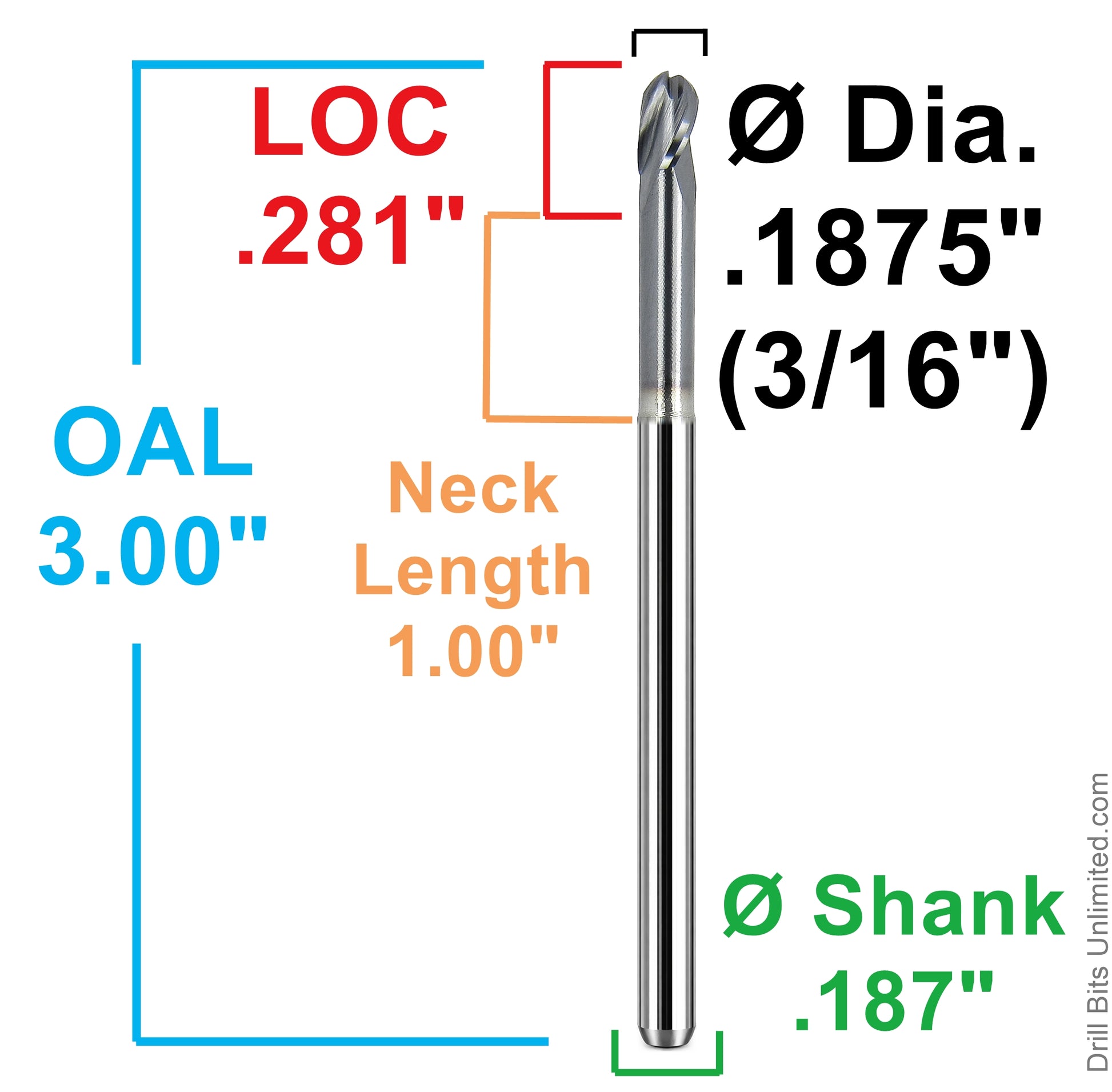 Kyocera 3/16 ball nose carbide end mill dimensions 1755-1875L1000