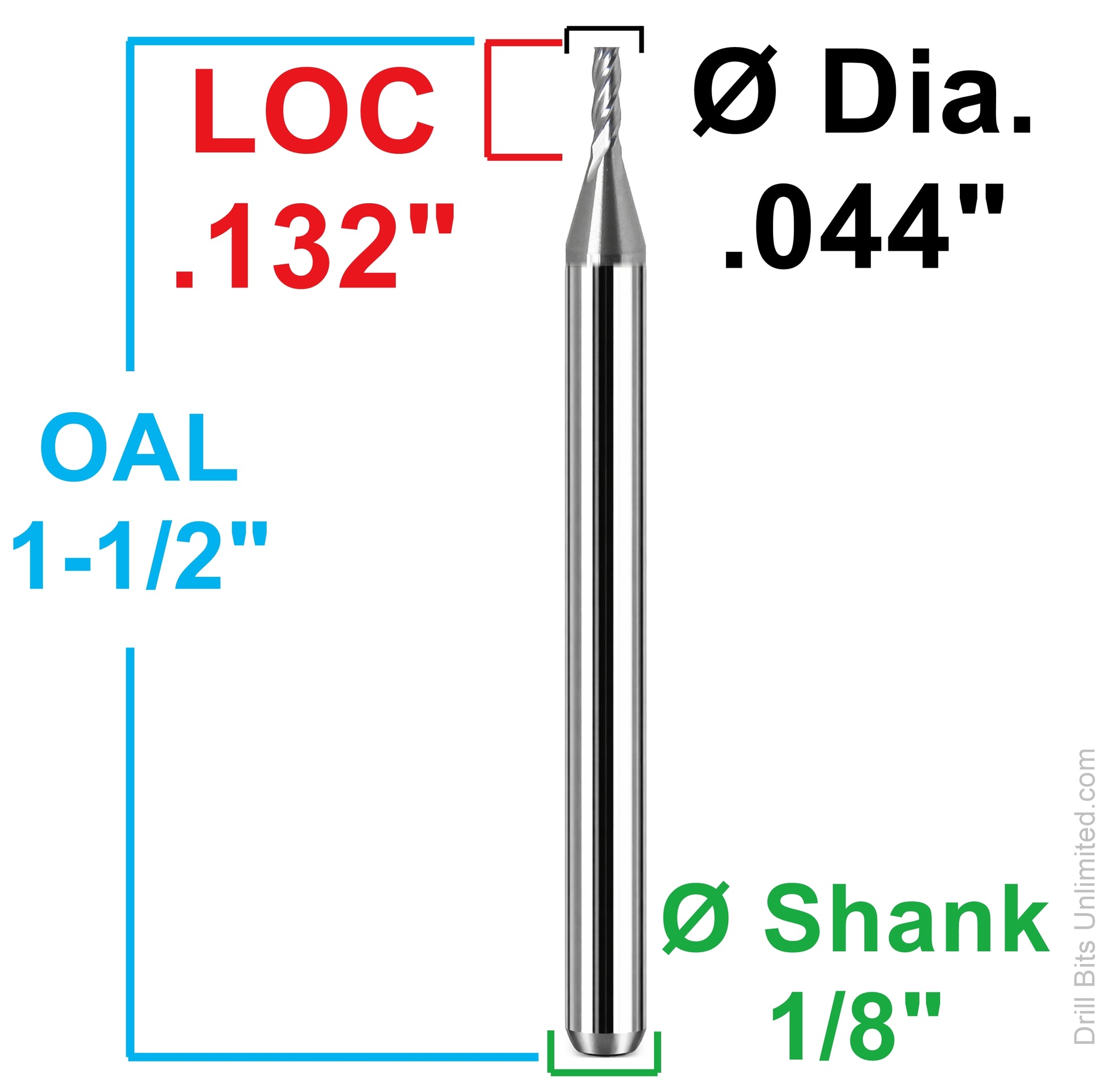Kyocera 0.044 inch 4-flute square end carbide end mill 1810-0440.132 dimension diagram