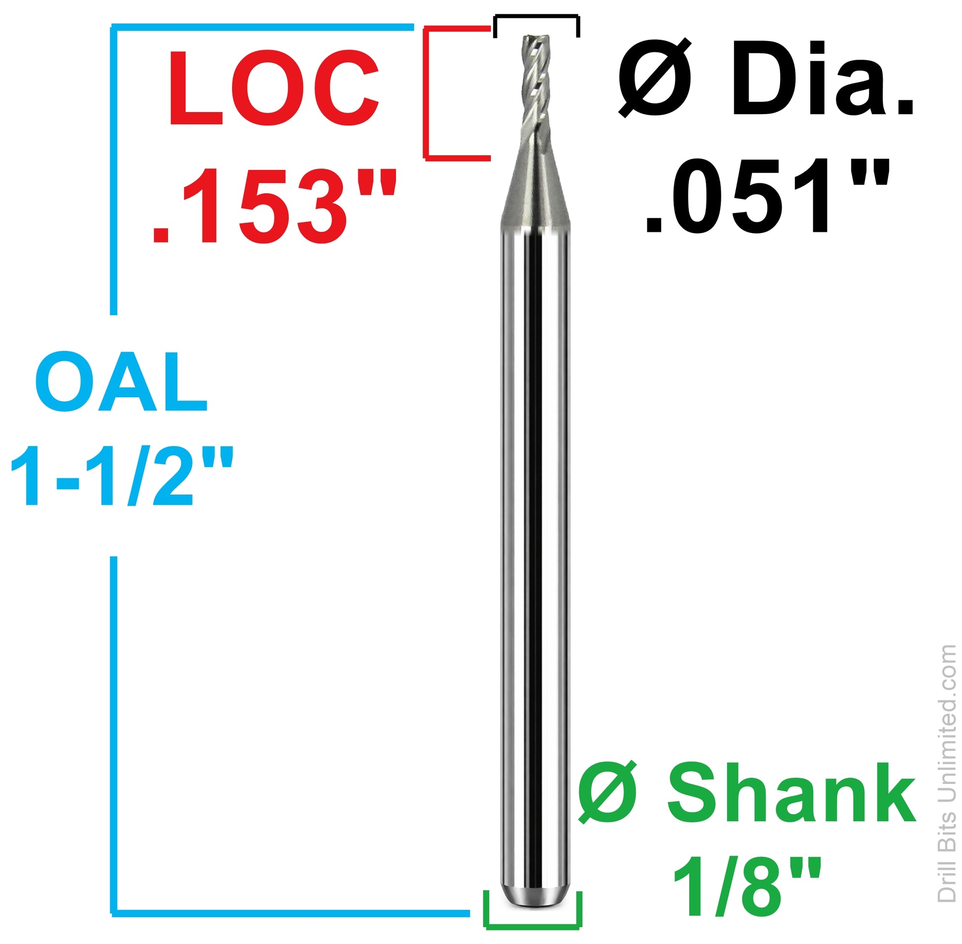 Dimensional drawing of 1.30mm (.0510") 4-flute square end carbide end mill with 0.153" length of cut, 1.500" overall length, and 1/8" shank