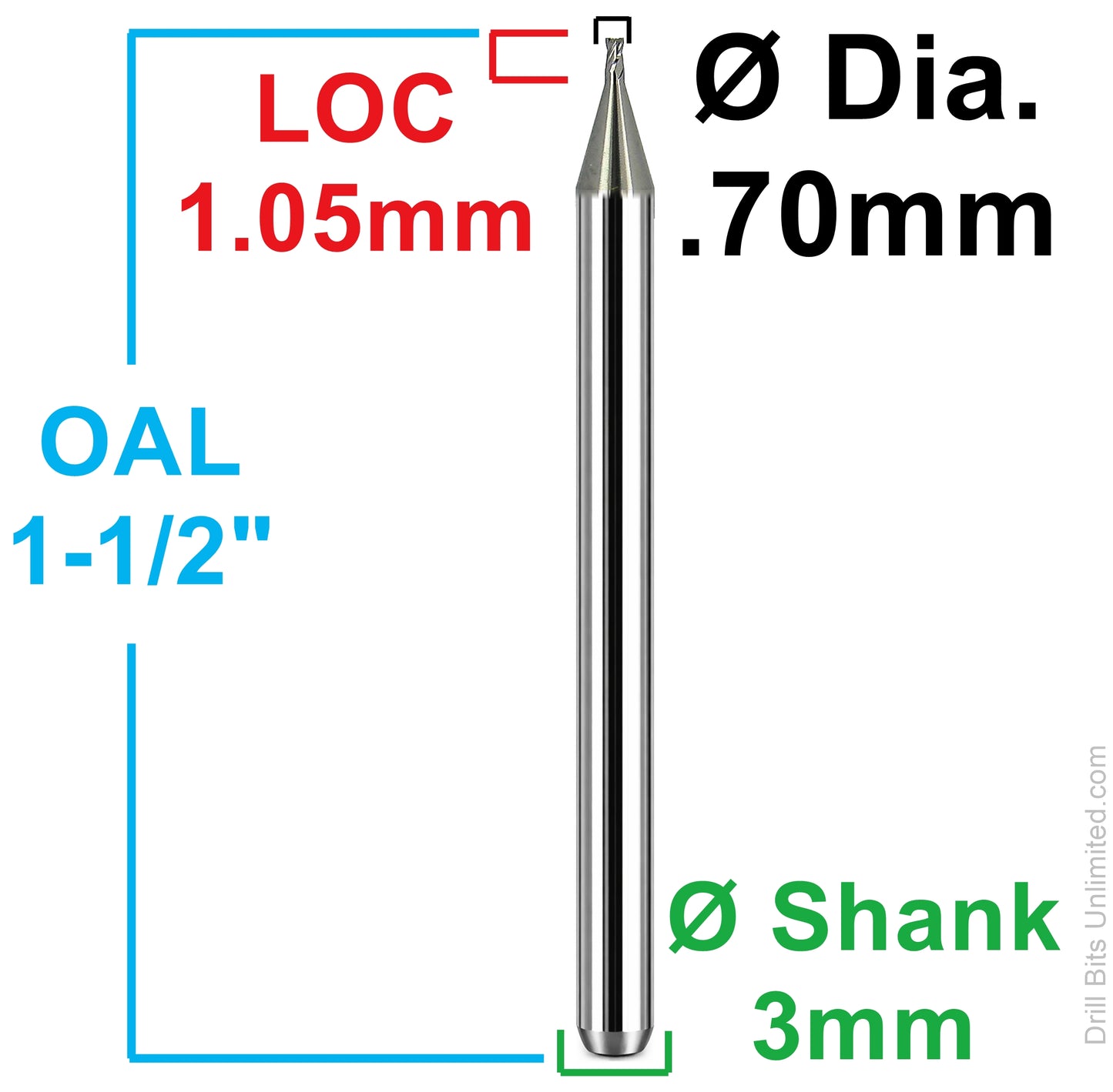 dimension diagram showing 0.70mm diameter, 1.05mm LOC, 38mm overall length and 3mm shank Kyocera USA square end mill 1820-0276.041