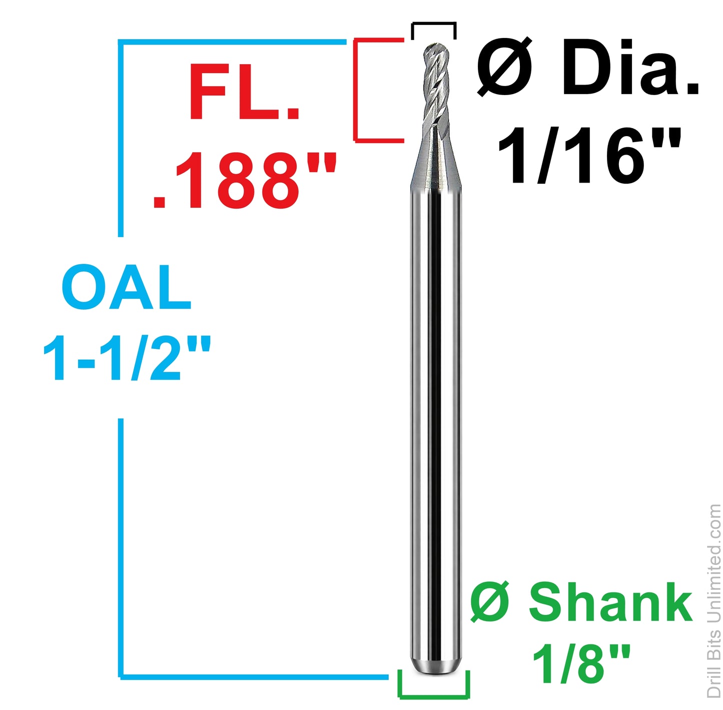 Kyocera 1/16 inch ball nose end mill dimensional diagram showing 0.188 inch flute length 1.5 inch overall length and 1/8 inch shank