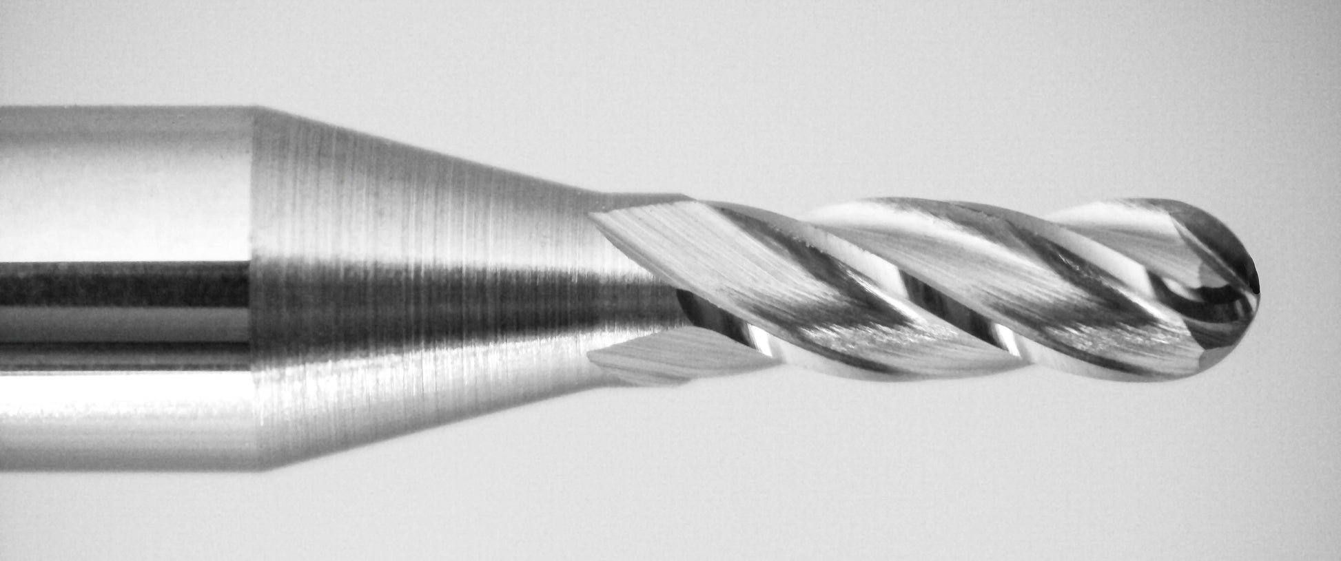 Close-up of Kyocera 1/16 inch ball nose end mill tip uncoated carbide