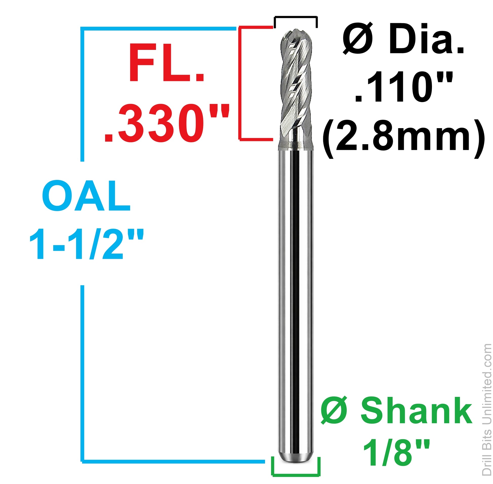 Kyocera 0.110 inch ball nose end mill dimensional diagram showing 0.330 inch flute length 1.5 inch overall length and 1/8 inch shank