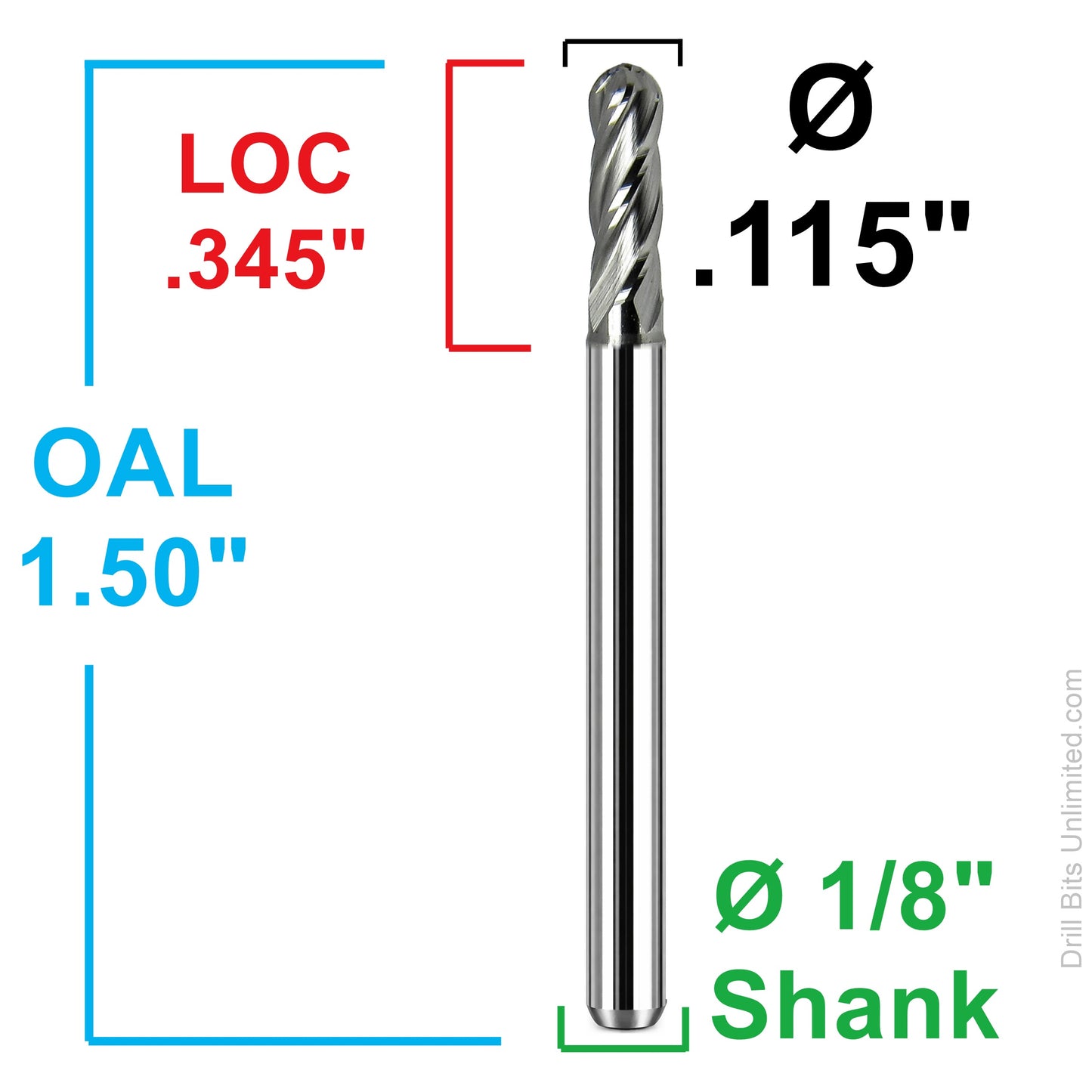 dimension diagram showing 0.115 inch diameter, 0.345 inch LOC, 1.5 inch OAL and 1/8 inch shank carbide ball nose end mill 1825-1150.345