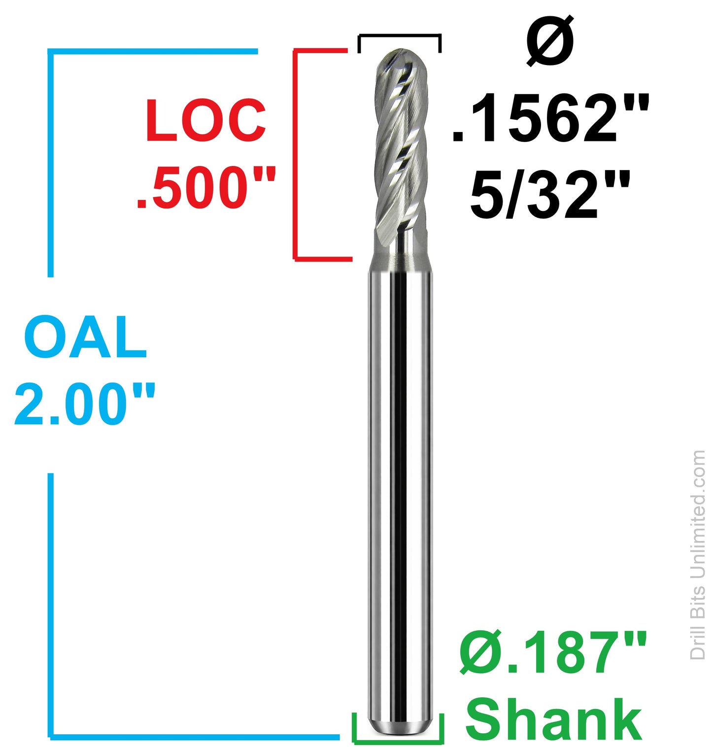 dimension diagram showing 5/32 inch diameter, 0.500 inch LOC, 2 inch OAL and 0.187 inch shank Kyocera USA ball nose end mill 1825-1563.500