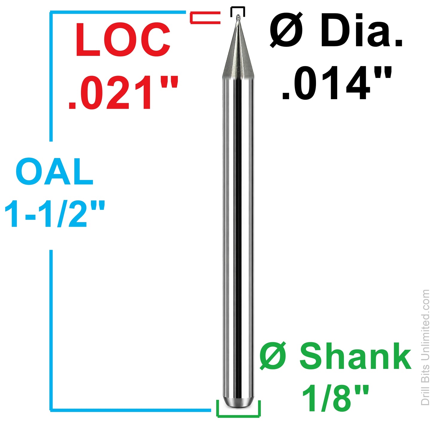 dimension diagram showing 0.014 inch diameter, 0.021 inch LOC, 1.5 inch OAL and 1/8 inch shank Kyocera USA ball nose end mill 1835-0140.021