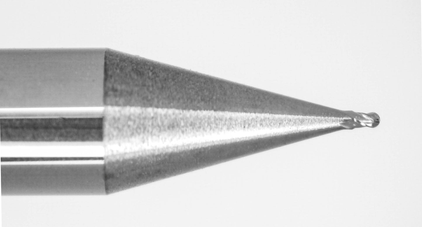 0.014 inch (0.36mm) ball nose cutting tip close-up Kyocera USA 4 flute carbide end mill 1835-0140.021