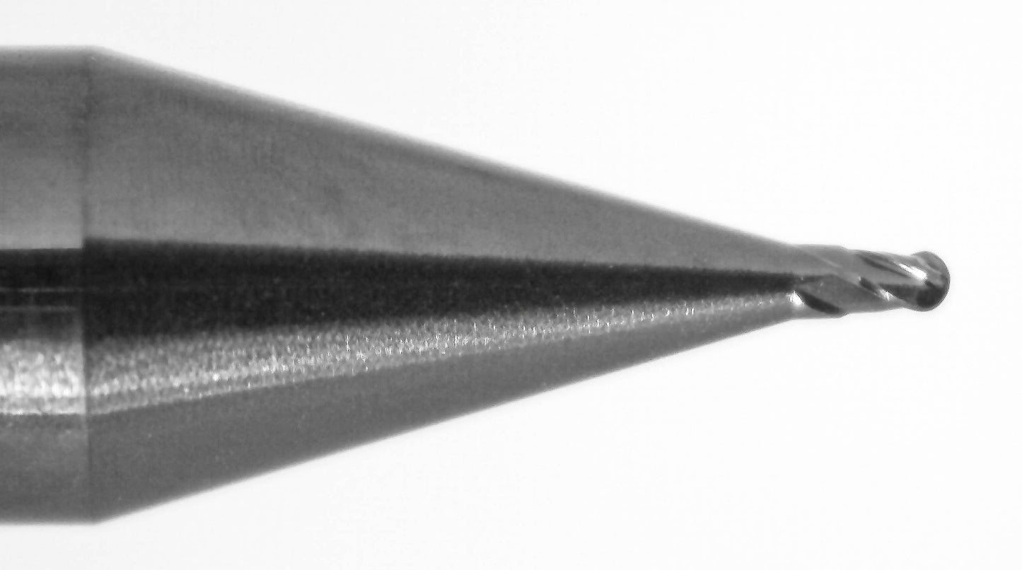 Close-up of Kyocera 0.017 inch ball nose end mill tip with AlTiN coating