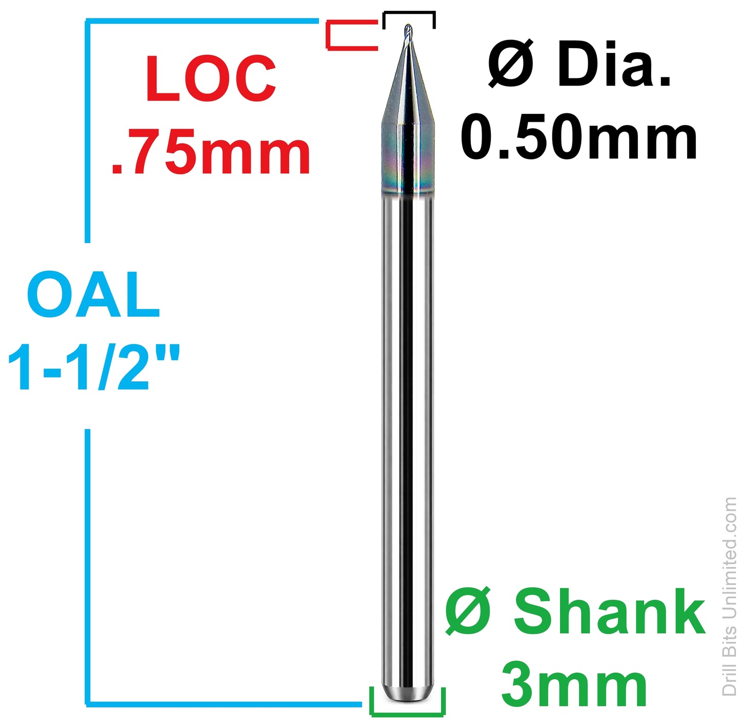 Kyocera 0.50mm ball nose carbide end mill dimensions 1835-0197L030