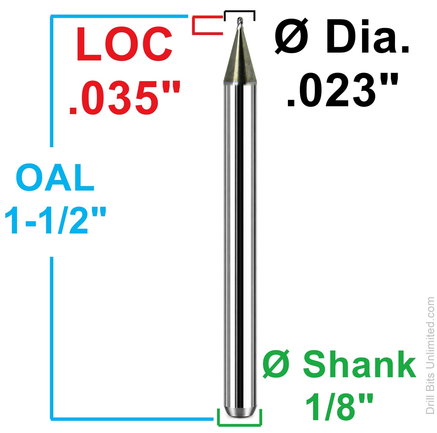 dimension diagram showing 0.023 inch diameter, 0.035 inch LOC, 1.5 inch OAL and 1/8 inch shank carbide ball nose end mill 1835-0230.035