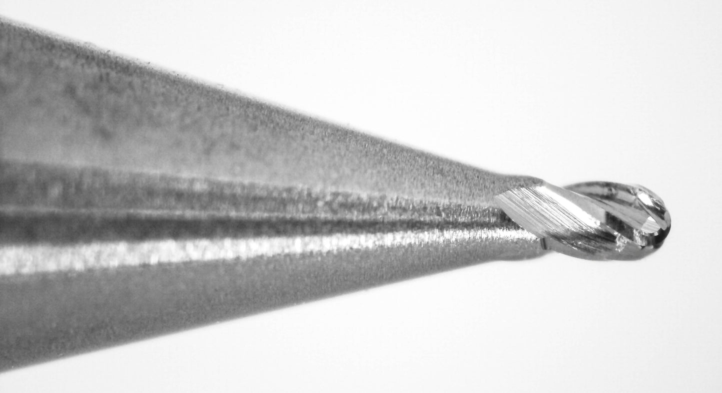 cutting tip close up of 0.023 inch carbide ball nose end mill 1835-0230.035