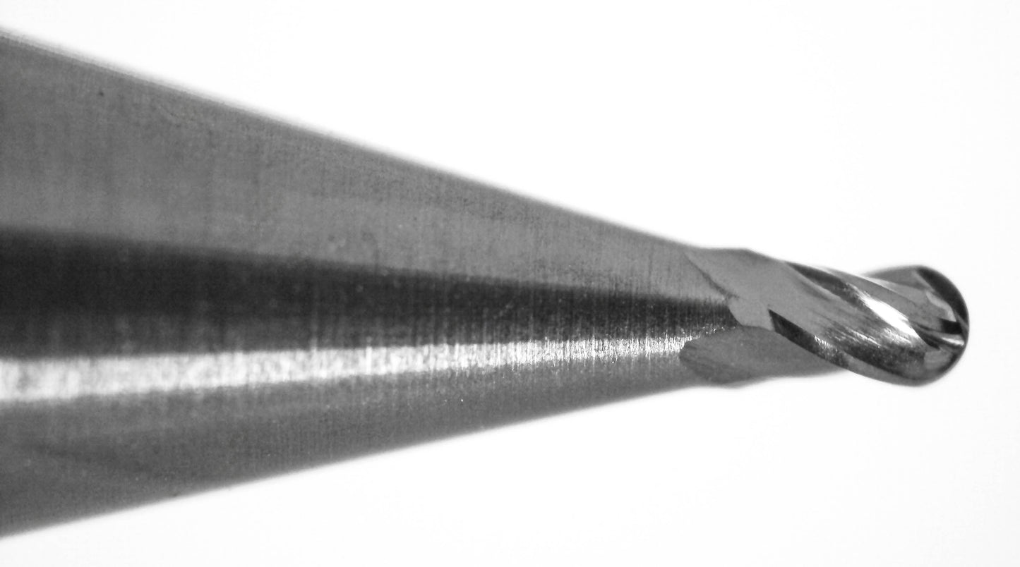 cutting tip close up of 0.025 inch 4 flute AlTiN coated carbide ball nose end mill 1835-0250L037