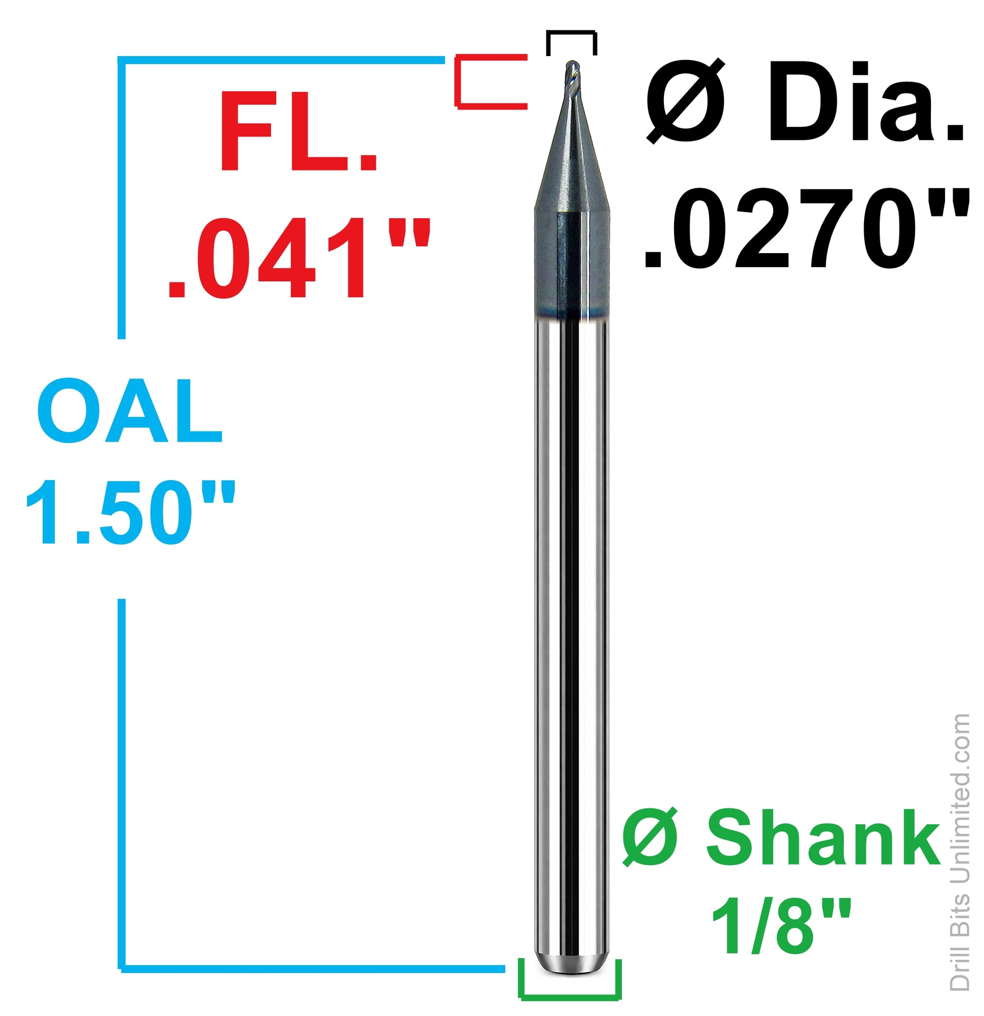 Kyocera .027 ball nose carbide end mill dimensions 1835-0270L041